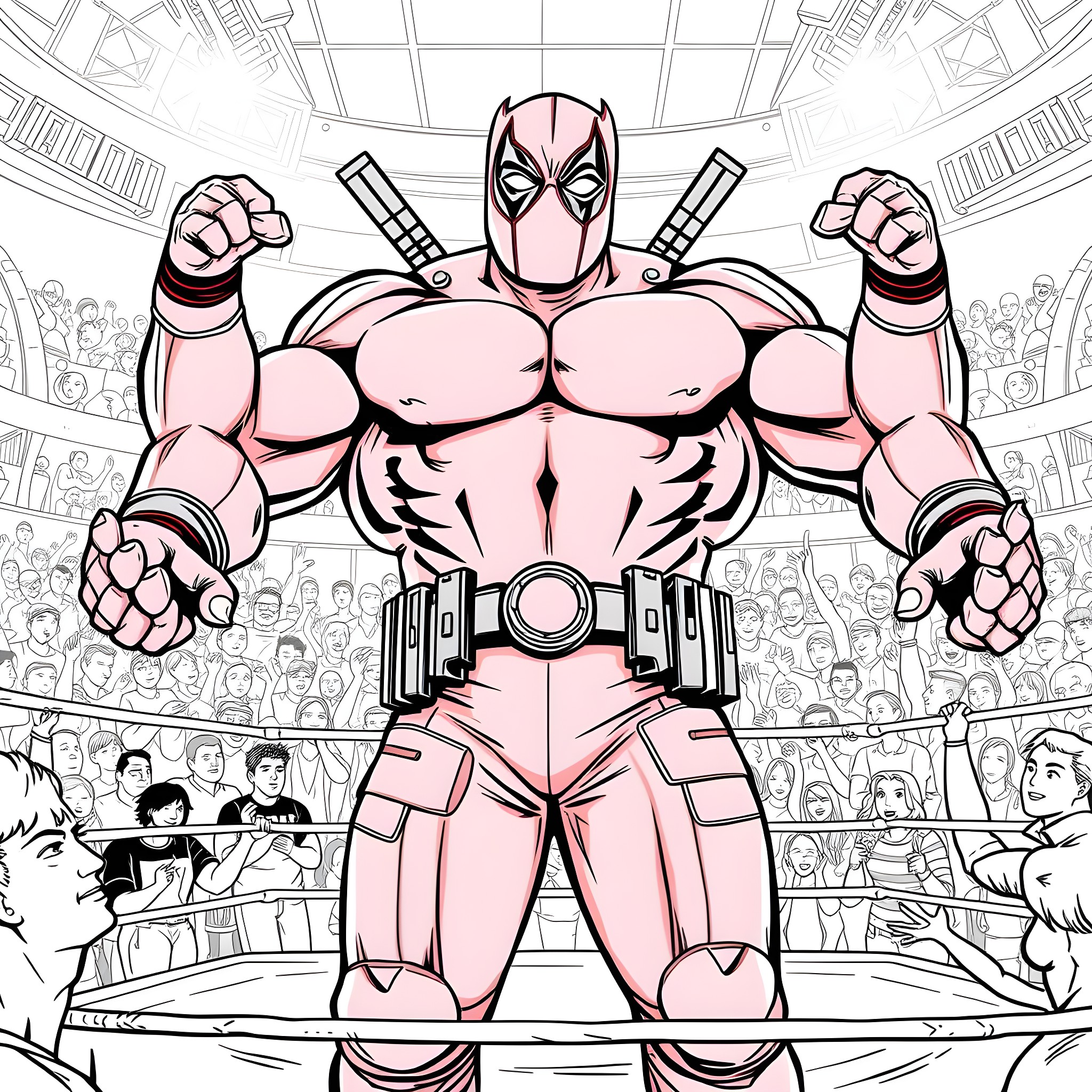 Hulk Deadpool posing with muscular physique in fighting arena Coloring Page (free black-and-white line drawing printable PDF for all, from beginners to advanced learners, including children, teens, adults, and seniors)