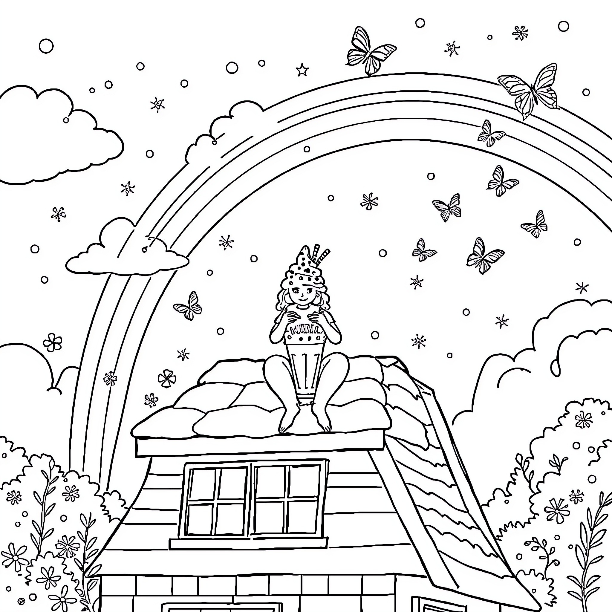 Mum and child enjoying a magical outdoor scene Coloring Page (free black-and-white line drawing printable PDF for all, from beginners to advanced learners, including children, teens, adults, and seniors)