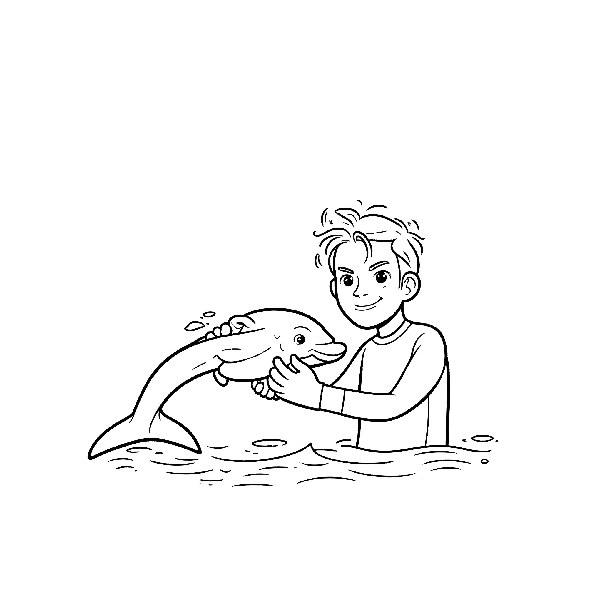 Tom Brady Playing with Dolphin in the Water Coloring Page (free black-and-white line drawing printable PDF for all, from beginners to advanced learners, including children, teens, adults, and seniors)