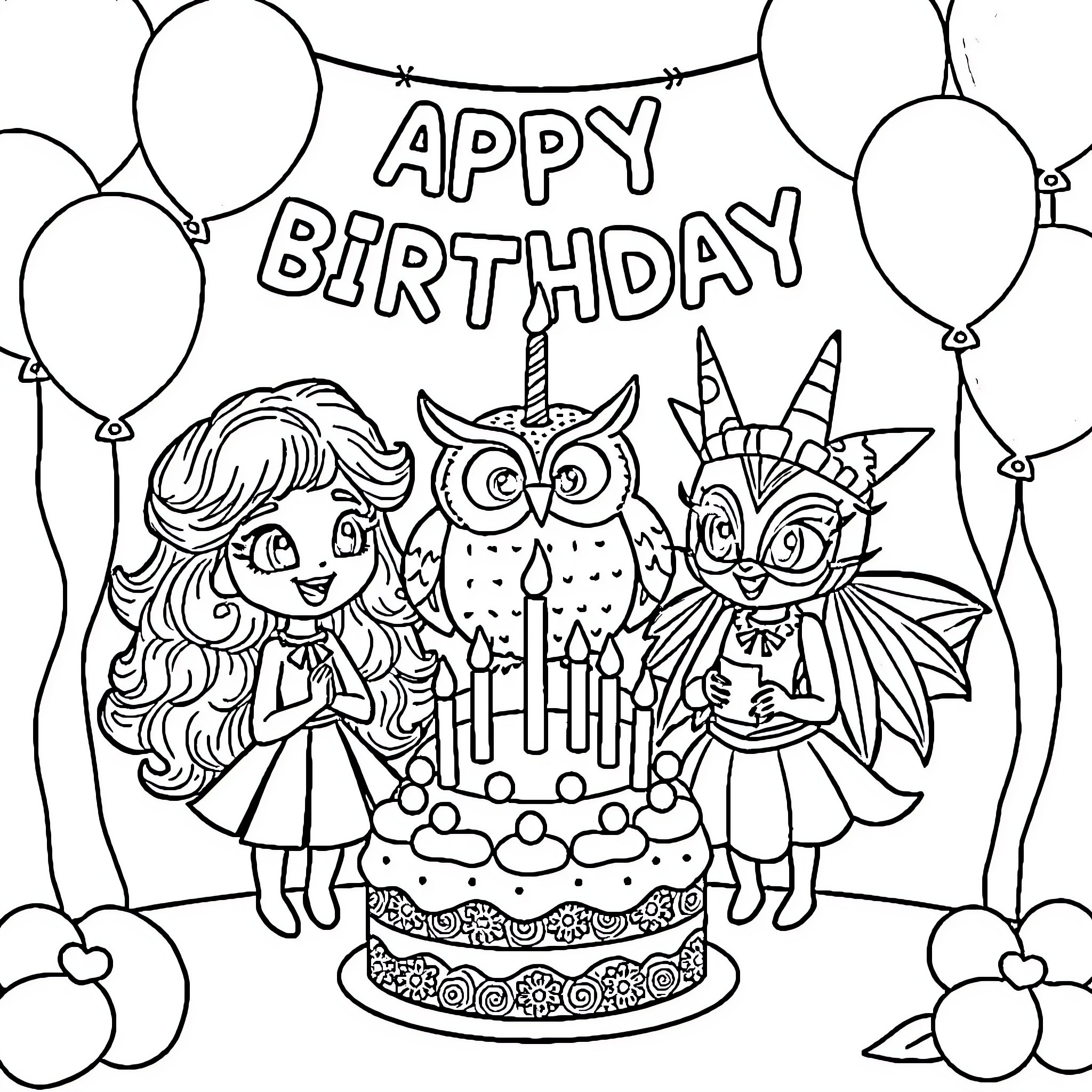 Character Celebrating Happy Birthday with Cake and Friends Coloring Page (free black-and-white line drawing printable PDF for all, from beginners to advanced learners, including children, teens, adults, and seniors)