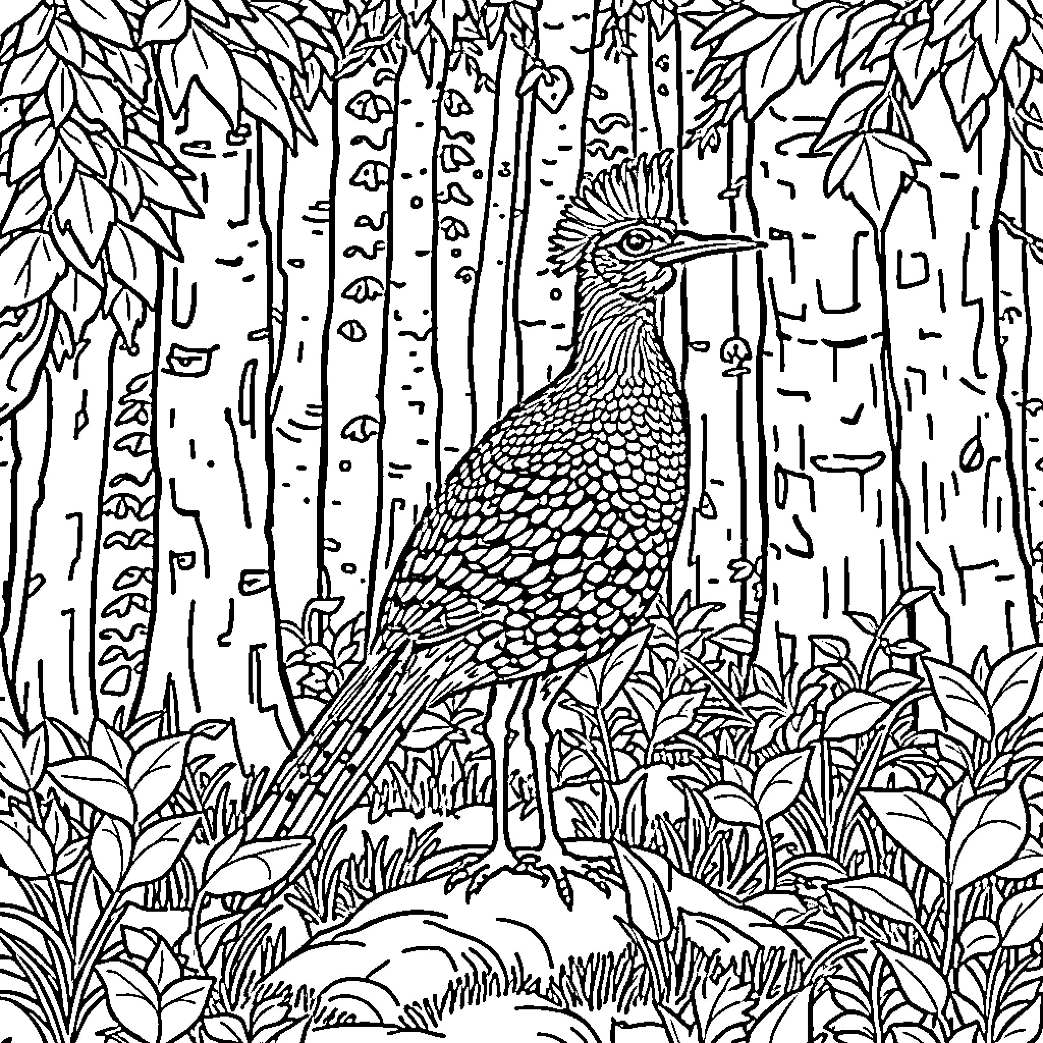 Woodcock perched in a lush forest Coloring Page (free black-and-white line drawing printable PDF for all, from beginners to advanced learners, including children, teens, adults, and seniors)