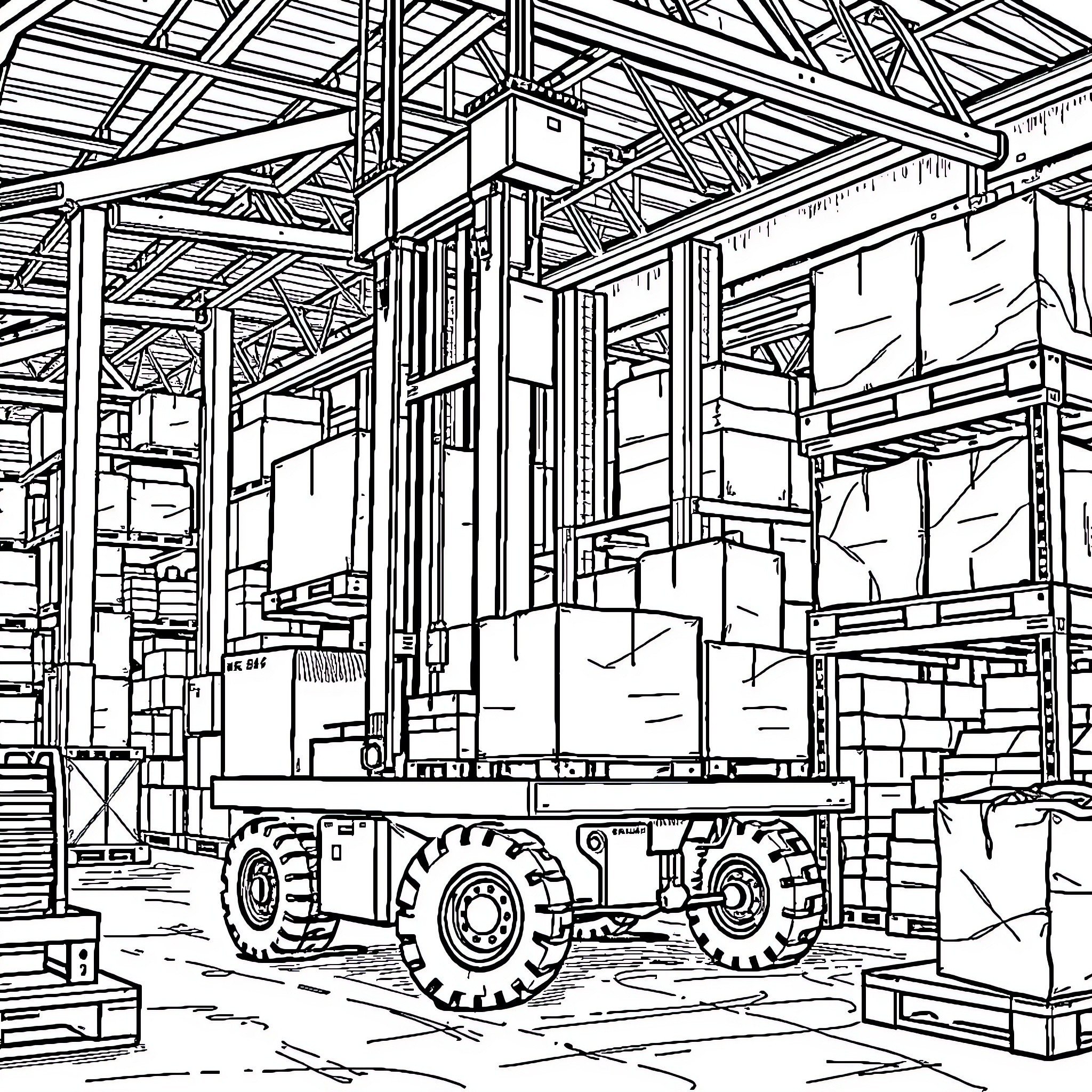 Chariot of Transportation in Warehouse Coloring Page (free black-and-white line drawing printable PDF for all, from beginners to advanced learners, including children, teens, adults, and seniors)