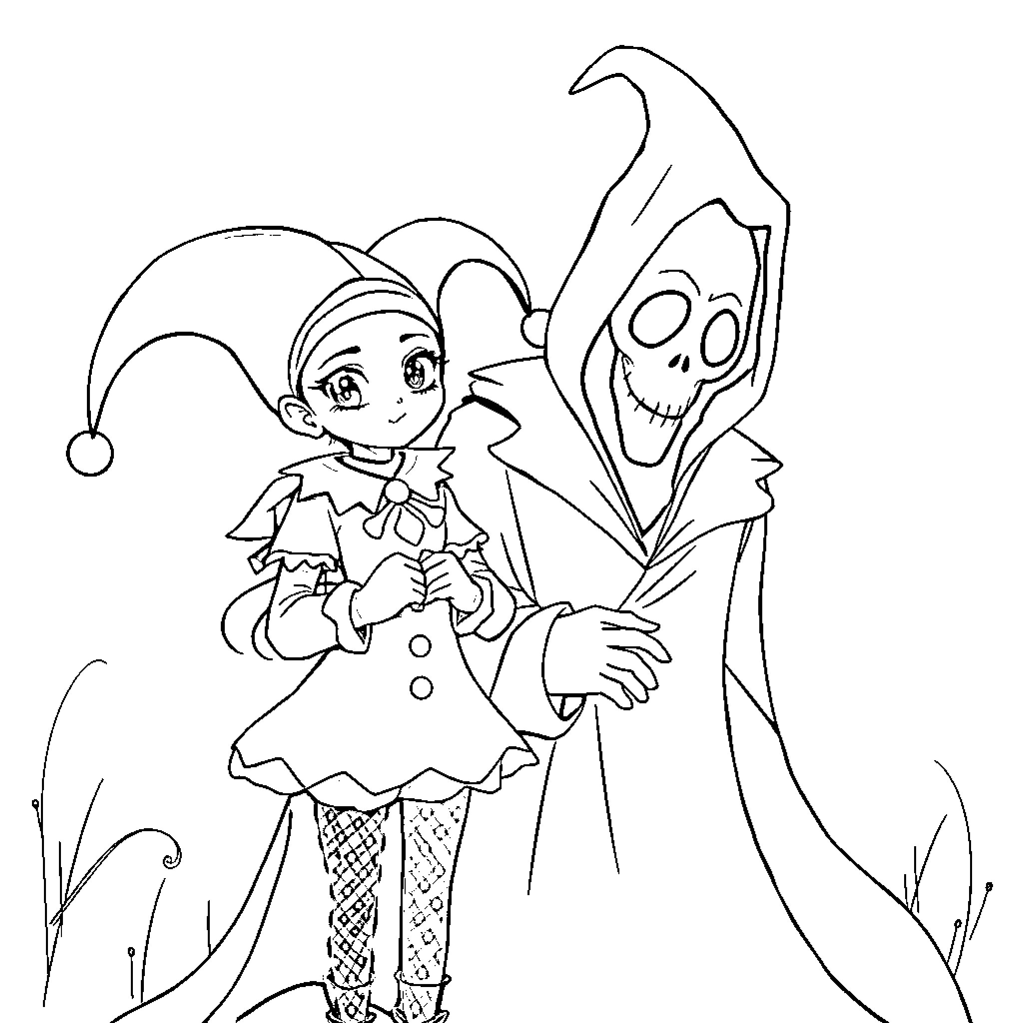 Kuromi and the Mysterious Companion Coloring Page (free black-and-white line drawing printable PDF for all, from beginners to advanced learners, including children, teens, adults, and seniors)