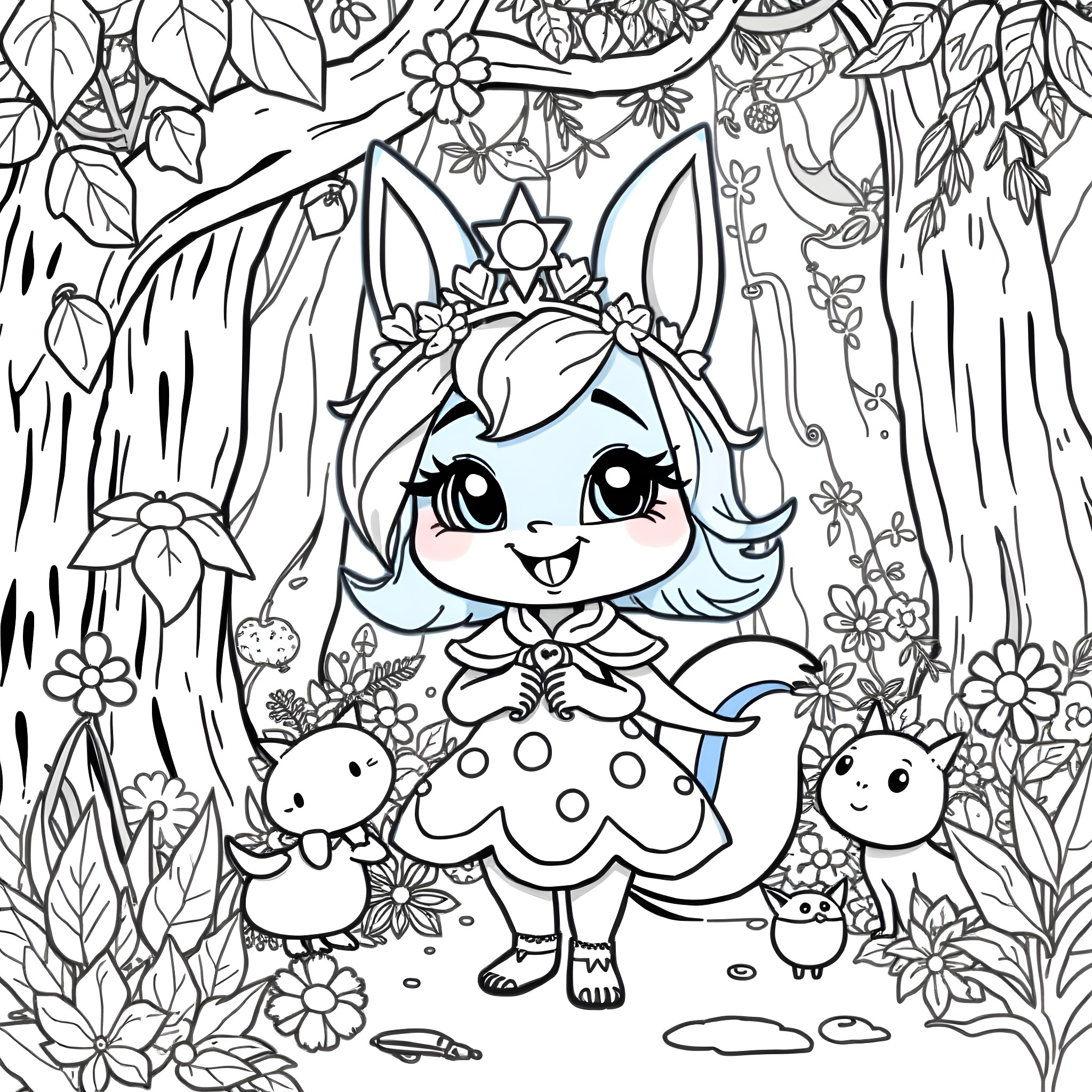 Bluey surrounded by magical forest creatures Coloring Page (free black-and-white line drawing printable PDF for all, from beginners to advanced learners, including children, teens, adults, and seniors)