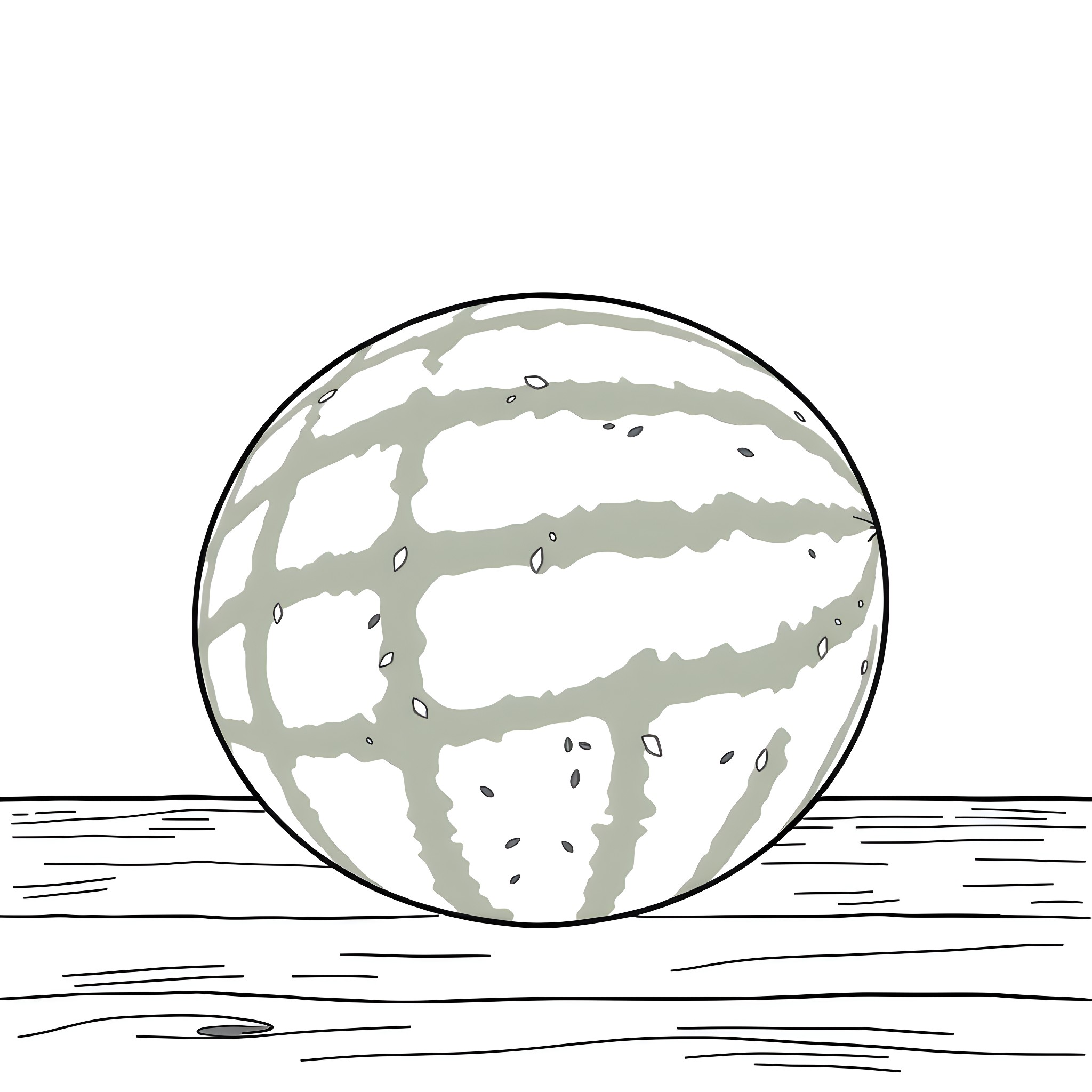 Watermelon-shaped Moon over Seascape Coloring Page (free black-and-white line drawing printable PDF for all, from beginners to advanced learners, including children, teens, adults, and seniors)