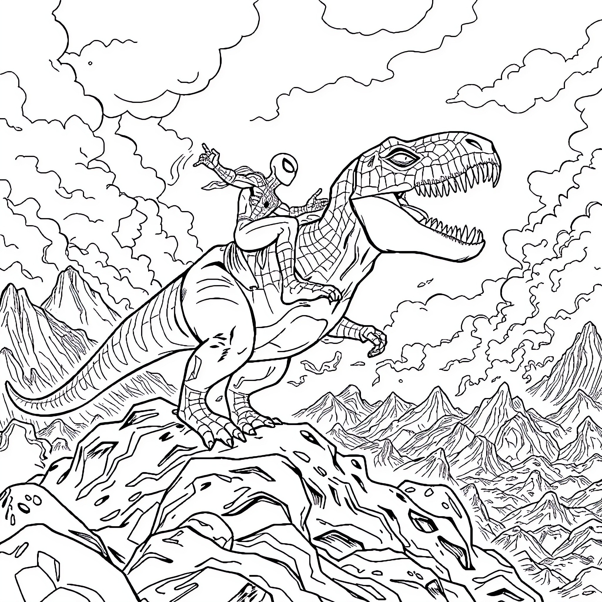 Spidey rides a mighty dinosaur in an epic adventure Coloring Page (free black-and-white line drawing printable PDF for all, from beginners to advanced learners, including children, teens, adults, and seniors)