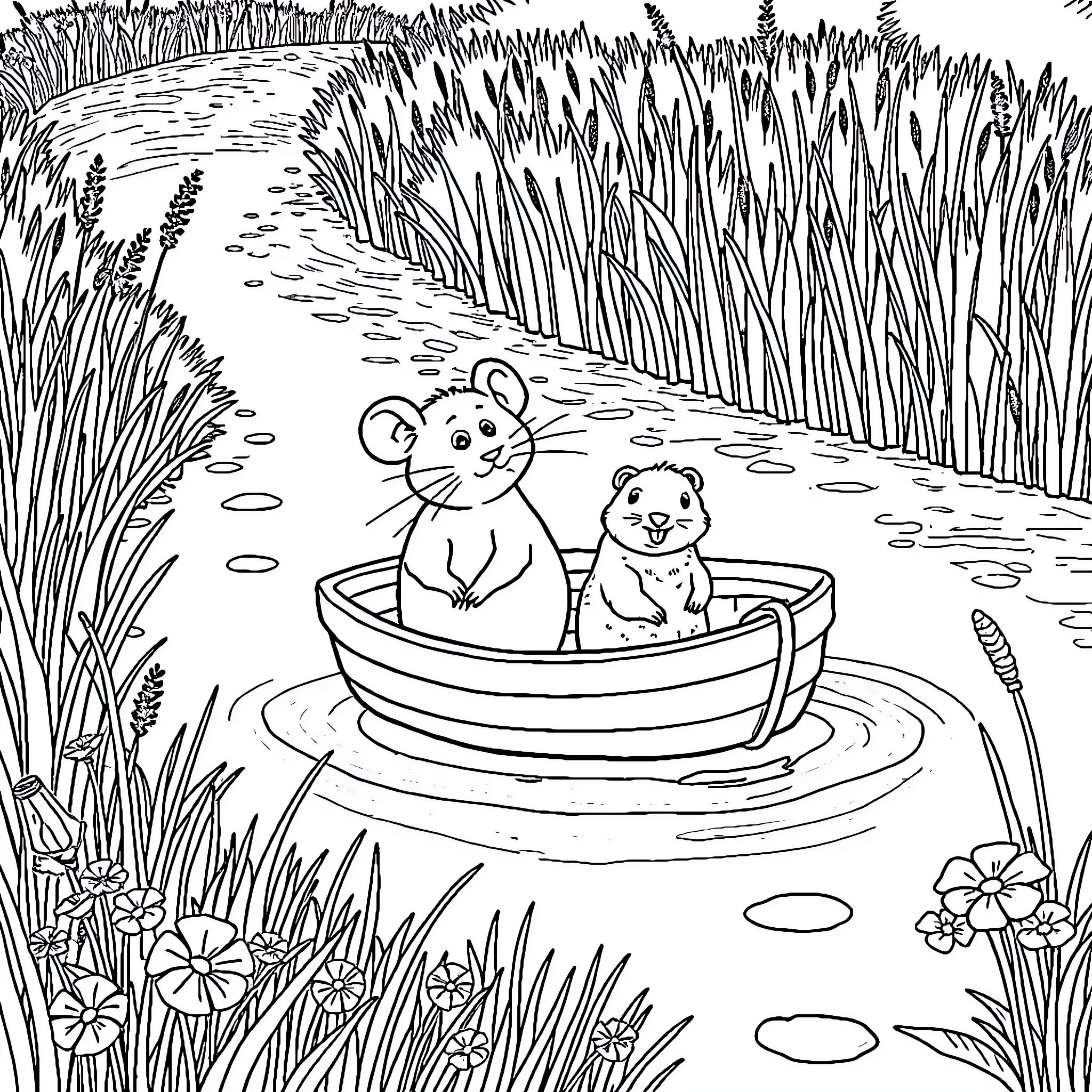 Rat siblings floating in a boat on a stream Coloring Page (free black-and-white line drawing printable PDF for all, from beginners to advanced learners, including children, teens, adults, and seniors)