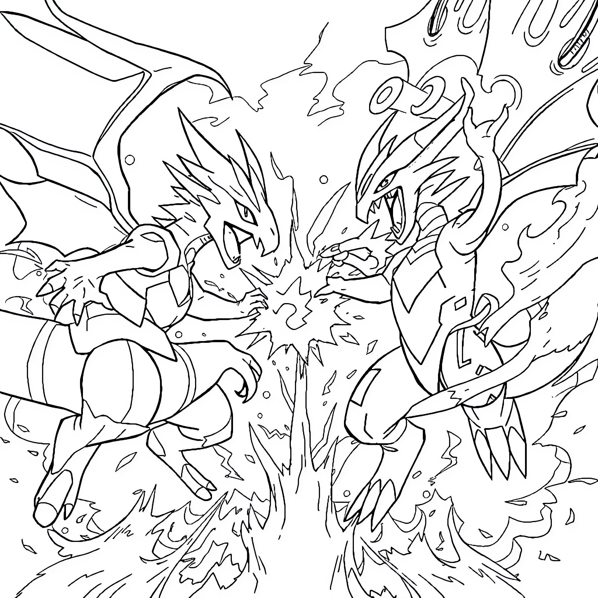 Pokémon creatures in an intense battle Coloring Page (free black-and-white line drawing printable PDF for all, from beginners to advanced learners, including children, teens, adults, and seniors)