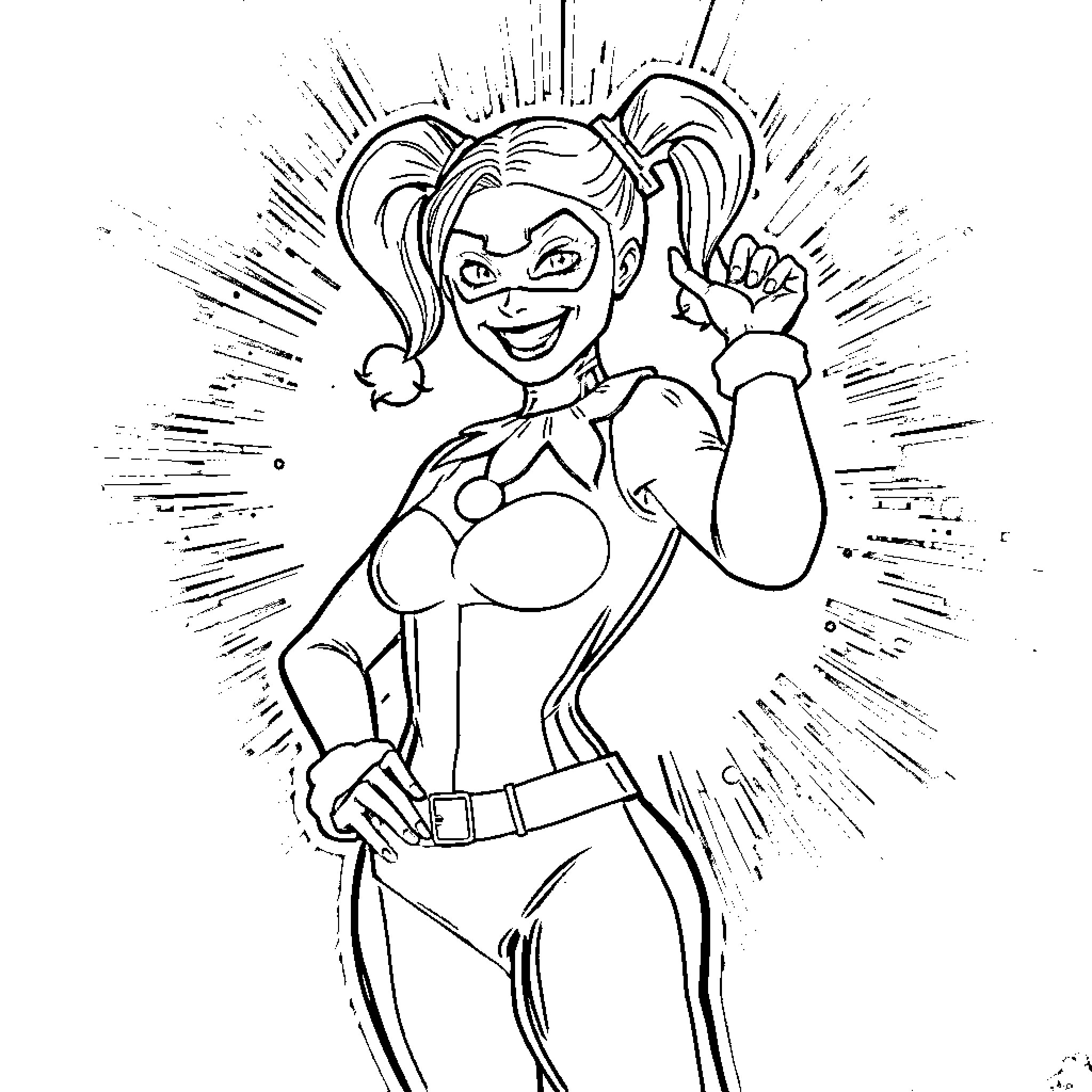 Harley Quinn in a playful and mischievous pose Coloring Page (free black-and-white line drawing printable PDF for all, from beginners to advanced learners, including children, teens, adults, and seniors)