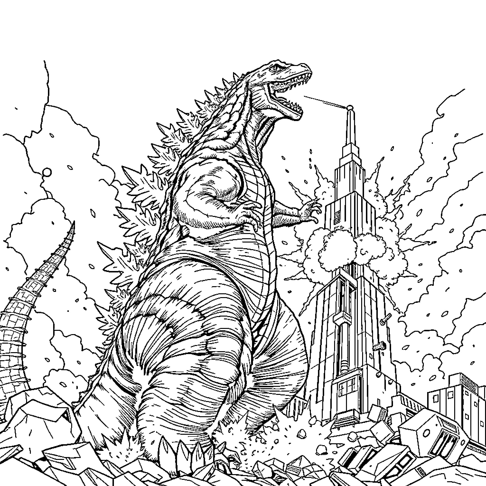 Godzilla Terrorizing a Cityscape Coloring Page (free black-and-white line drawing printable PDF for all, from beginners to advanced learners, including children, teens, adults, and seniors)