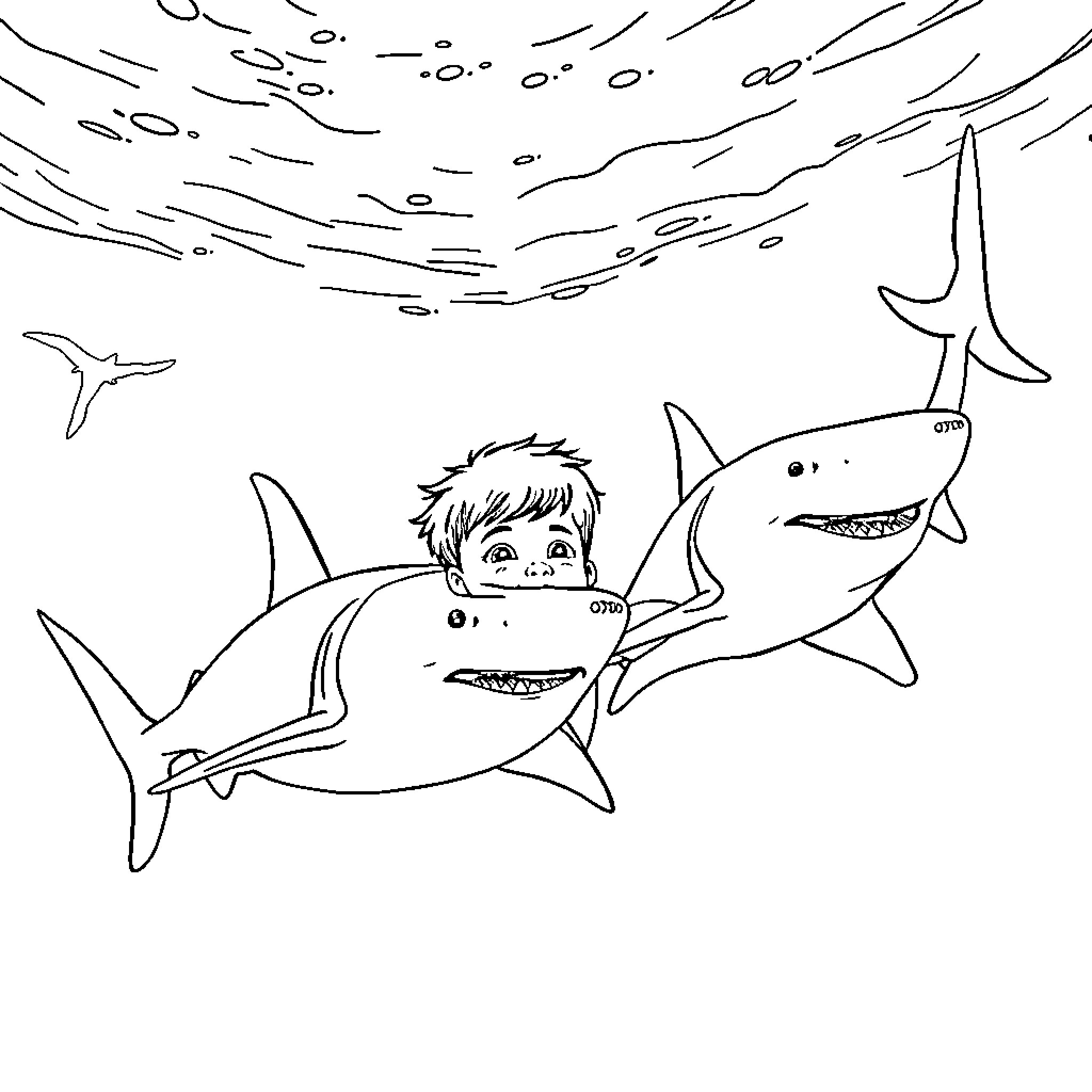 Boy Swimming With Sharks Coloring Page (free black-and-white line drawing printable PDF for all, from beginners to advanced learners, including children, teens, adults, and seniors)