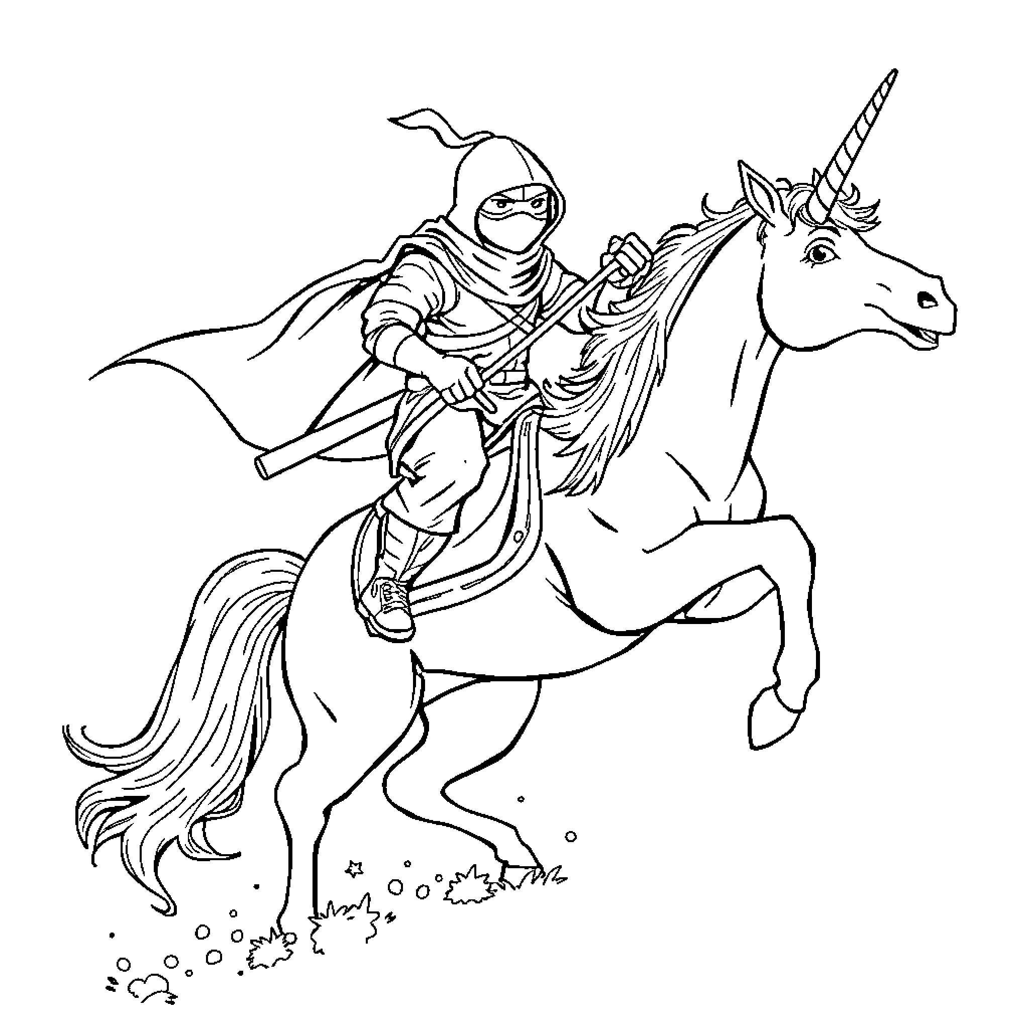 Ninja riding a unicorn in action Coloring Page (free black-and-white line drawing printable PDF for all, from beginners to advanced learners, including children, teens, adults, and seniors)