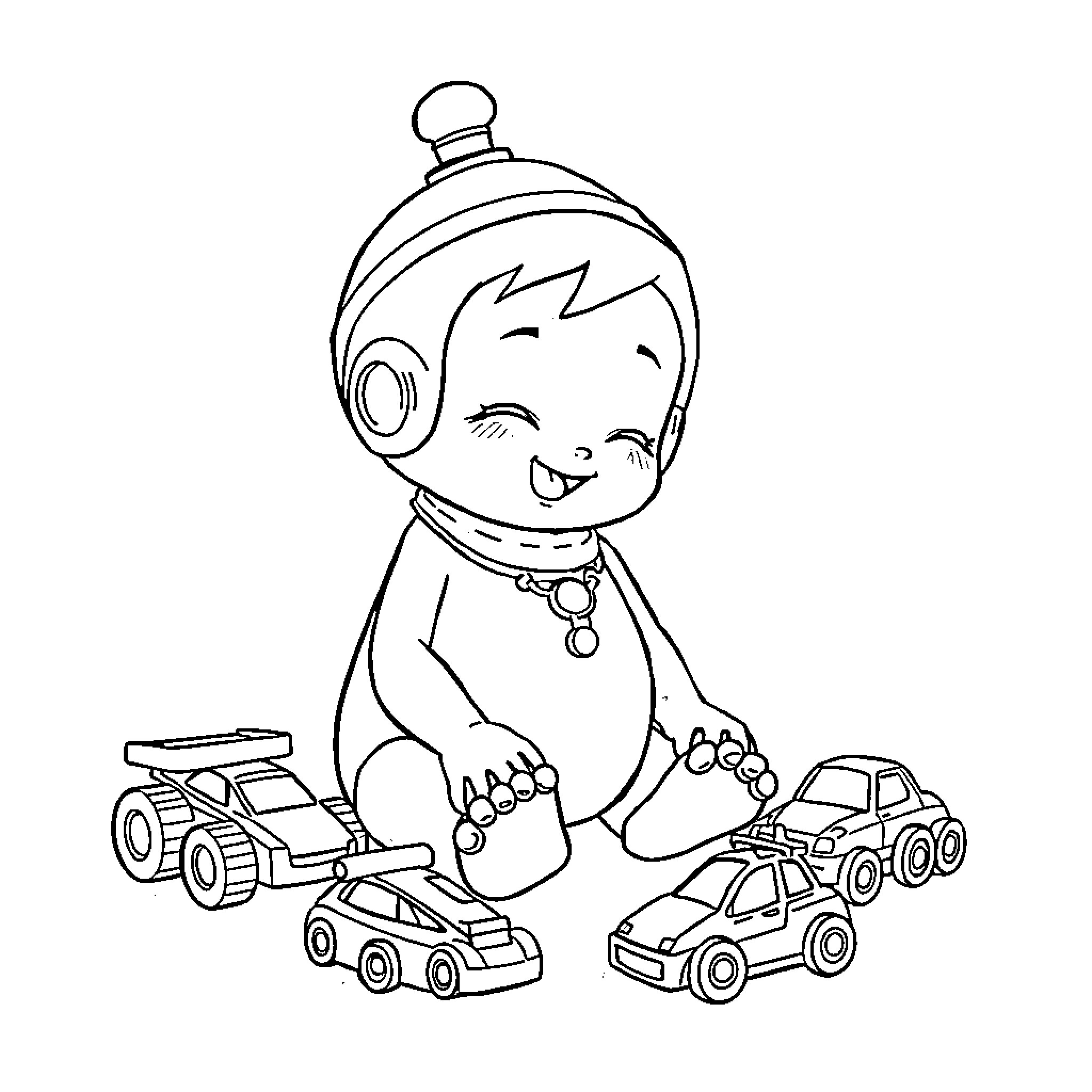 Vessel playing joyfully with toy vehicles Coloring Page (free black-and-white line drawing printable PDF for all, from beginners to advanced learners, including children, teens, adults, and seniors)