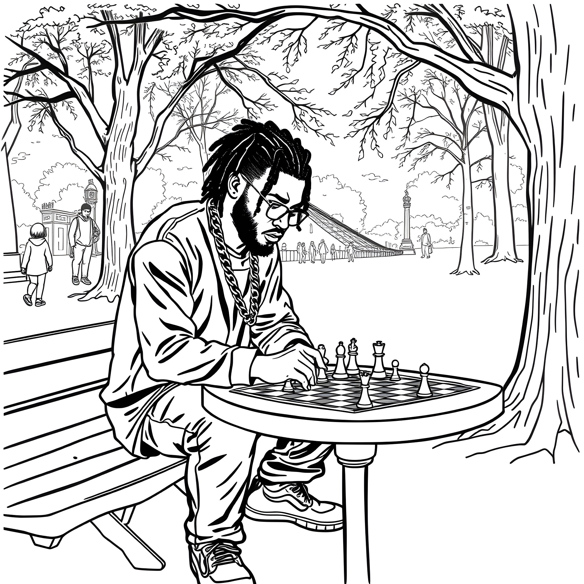 Pusha T playing chess in a park with trees Coloring Page (free black-and-white line drawing printable PDF for all, from beginners to advanced learners, including children, teens, adults, and seniors)
