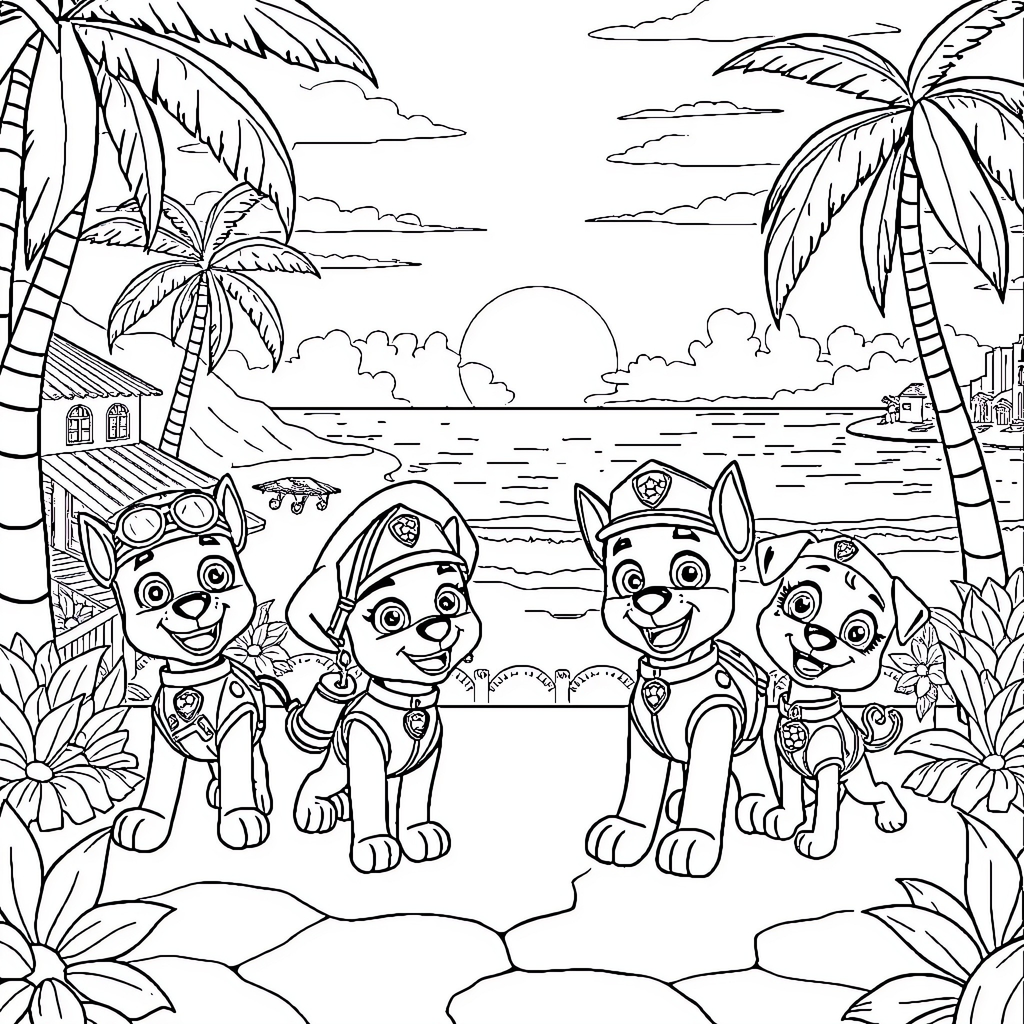 Paw Patrol pups on a tropical beach adventure Coloring Page (free black-and-white line drawing printable PDF for all, from beginners to advanced learners, including children, teens, adults, and seniors)
