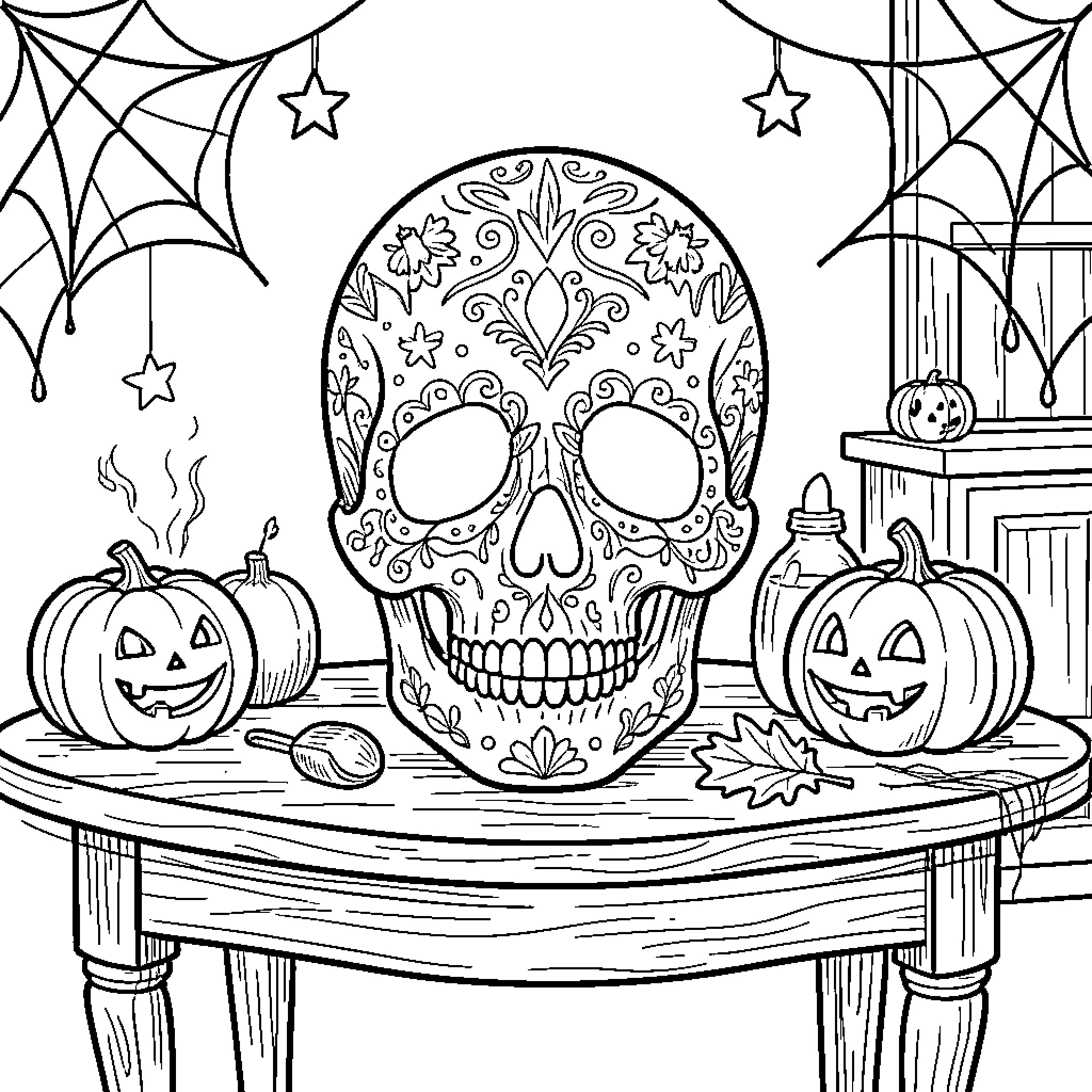 Skull decorated with patterns among pumpkins and spider webs Coloring Page (free black-and-white line drawing printable PDF for all, from beginners to advanced learners, including children, teens, adults, and seniors)