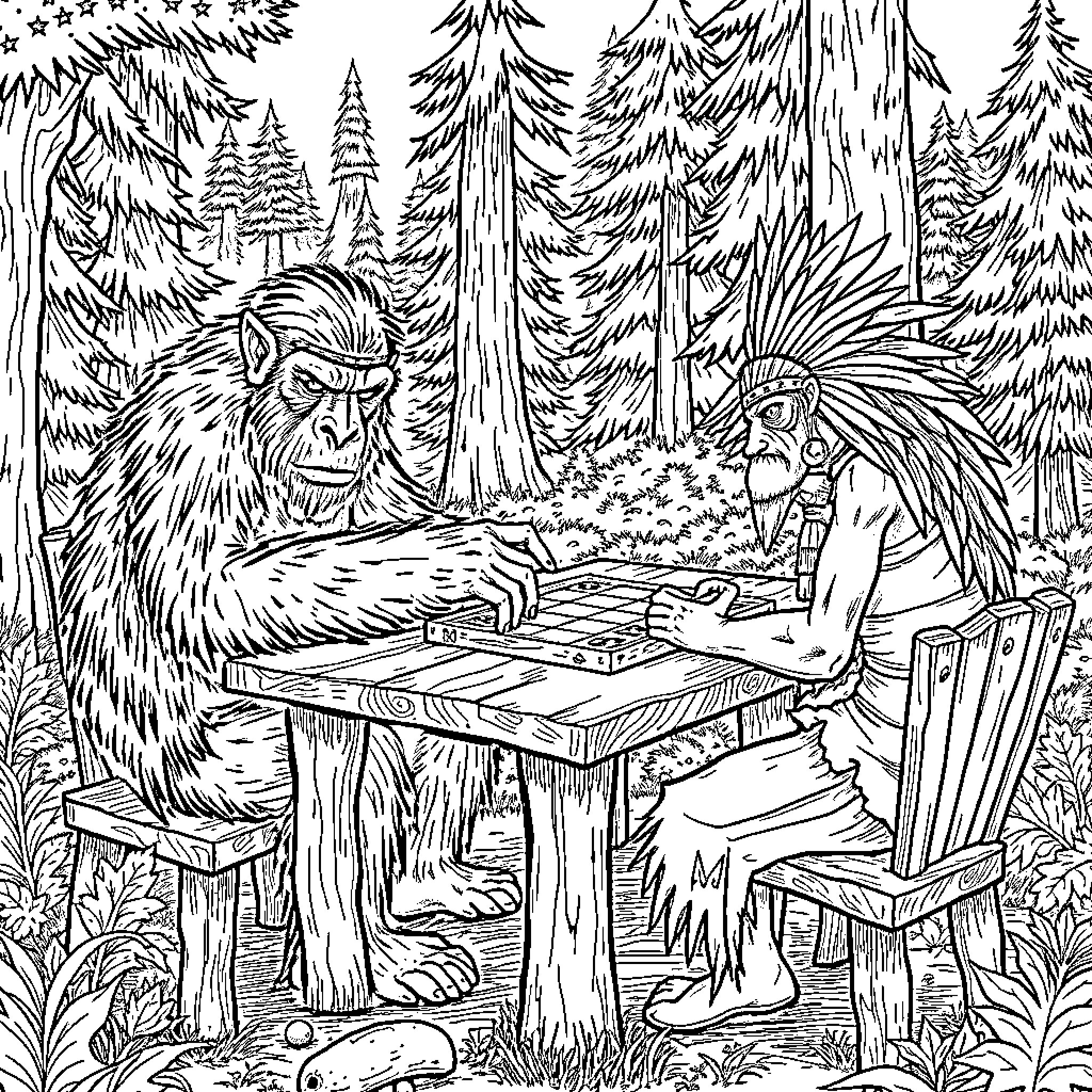 Bigfoot teaching forest creature about board game Coloring Page (free black-and-white line drawing printable PDF for all, from beginners to advanced learners, including children, teens, adults, and seniors)