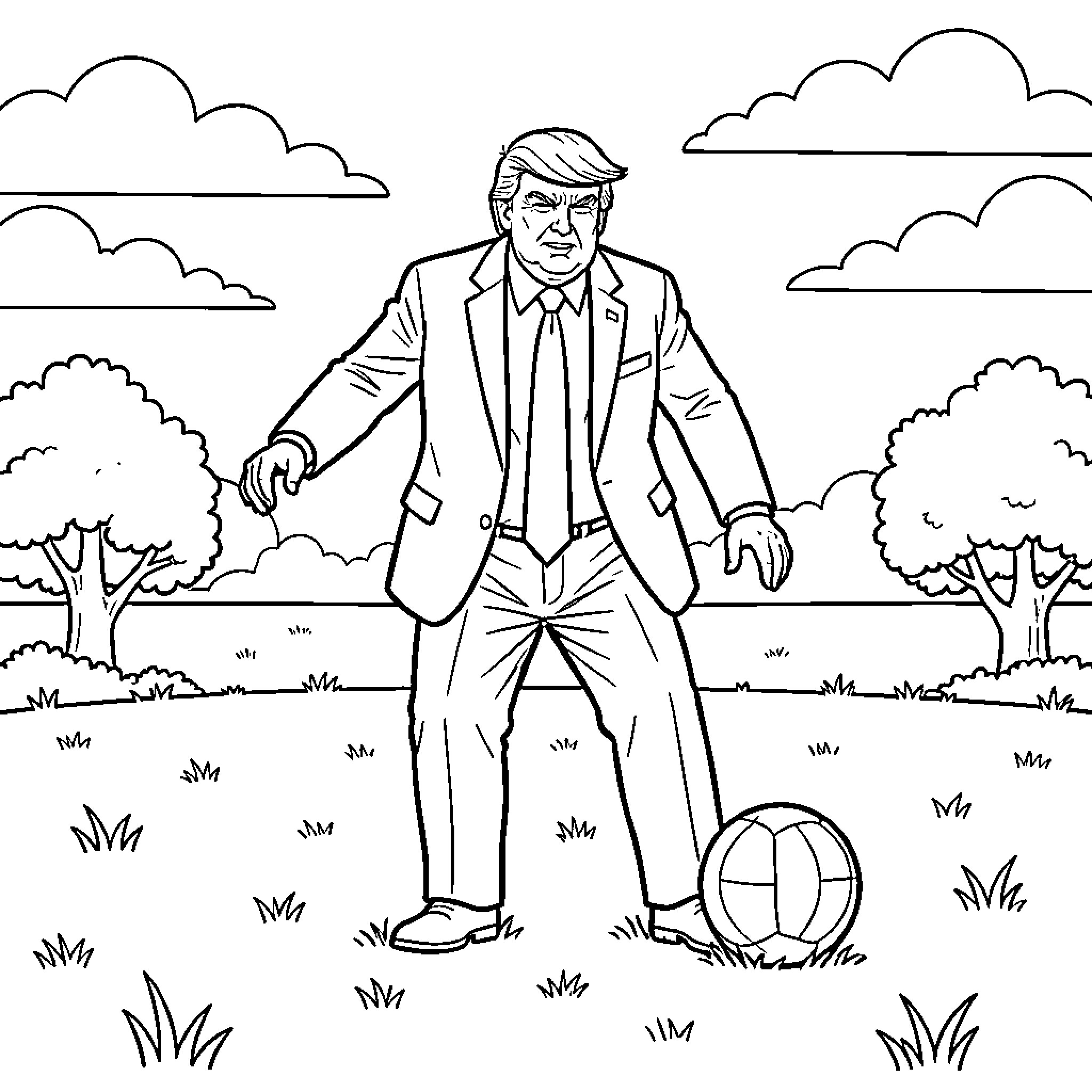 Trump standing in a field with a soccer ball Coloring Page (free black-and-white line drawing printable PDF for all, from beginners to advanced learners, including children, teens, adults, and seniors)