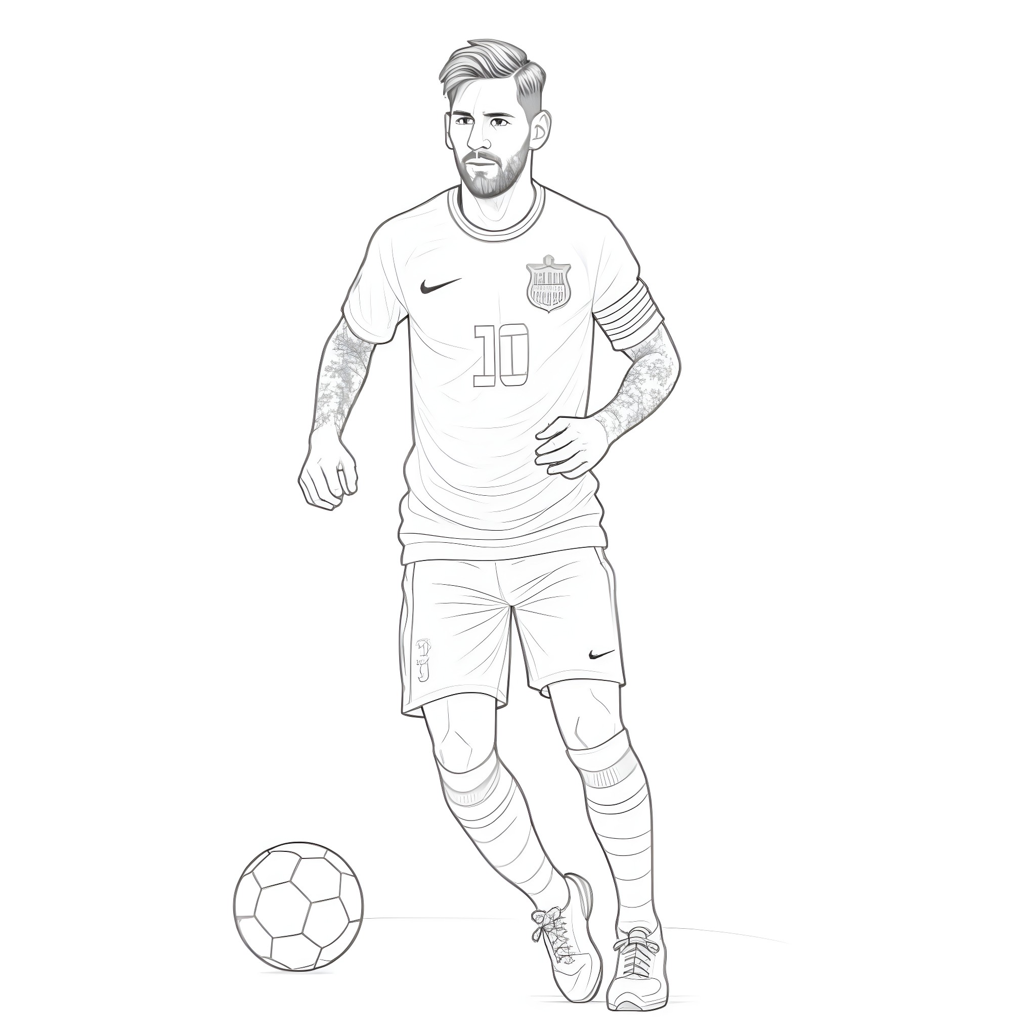 Messi standing confidently in soccer uniform Coloring Page (free black-and-white line drawing printable PDF for all, from beginners to advanced learners, including children, teens, adults, and seniors)
