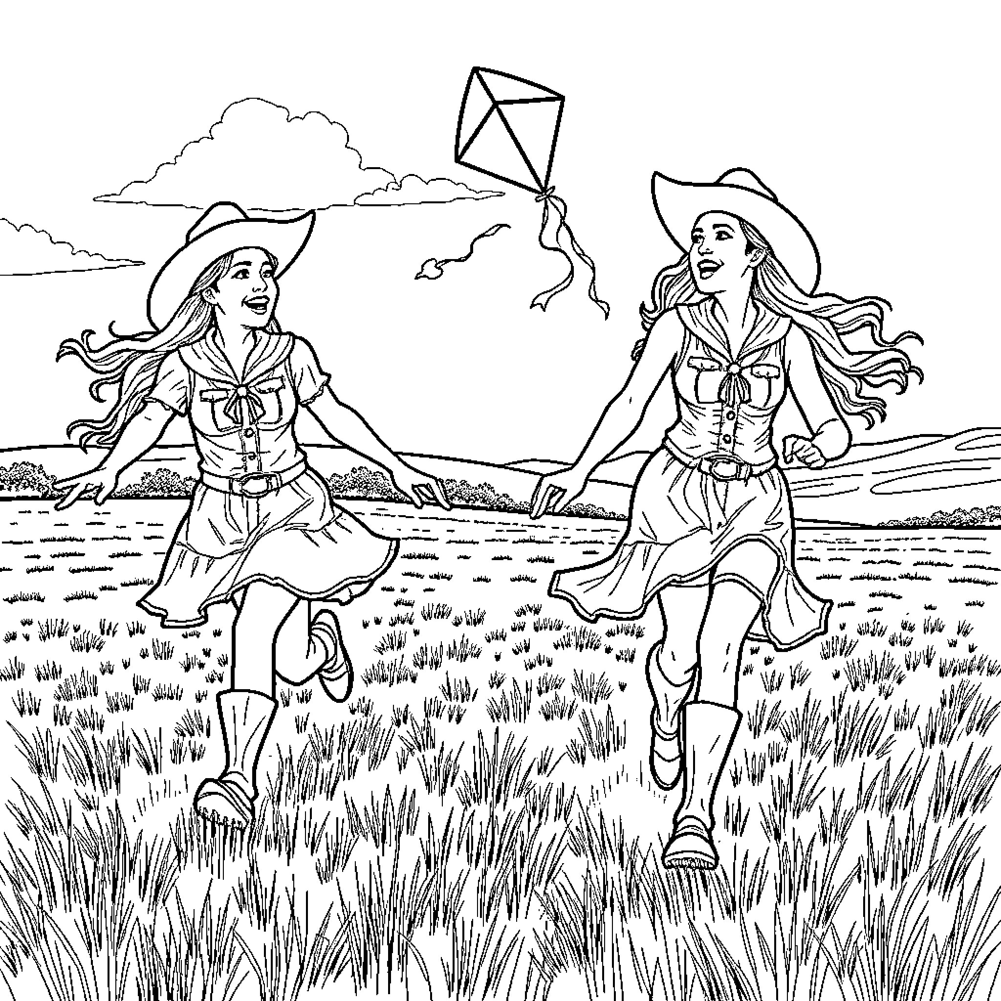 Cow Girl Adventures in the Countryside Coloring Page (free black-and-white line drawing printable PDF for all, from beginners to advanced learners, including children, teens, adults, and seniors)