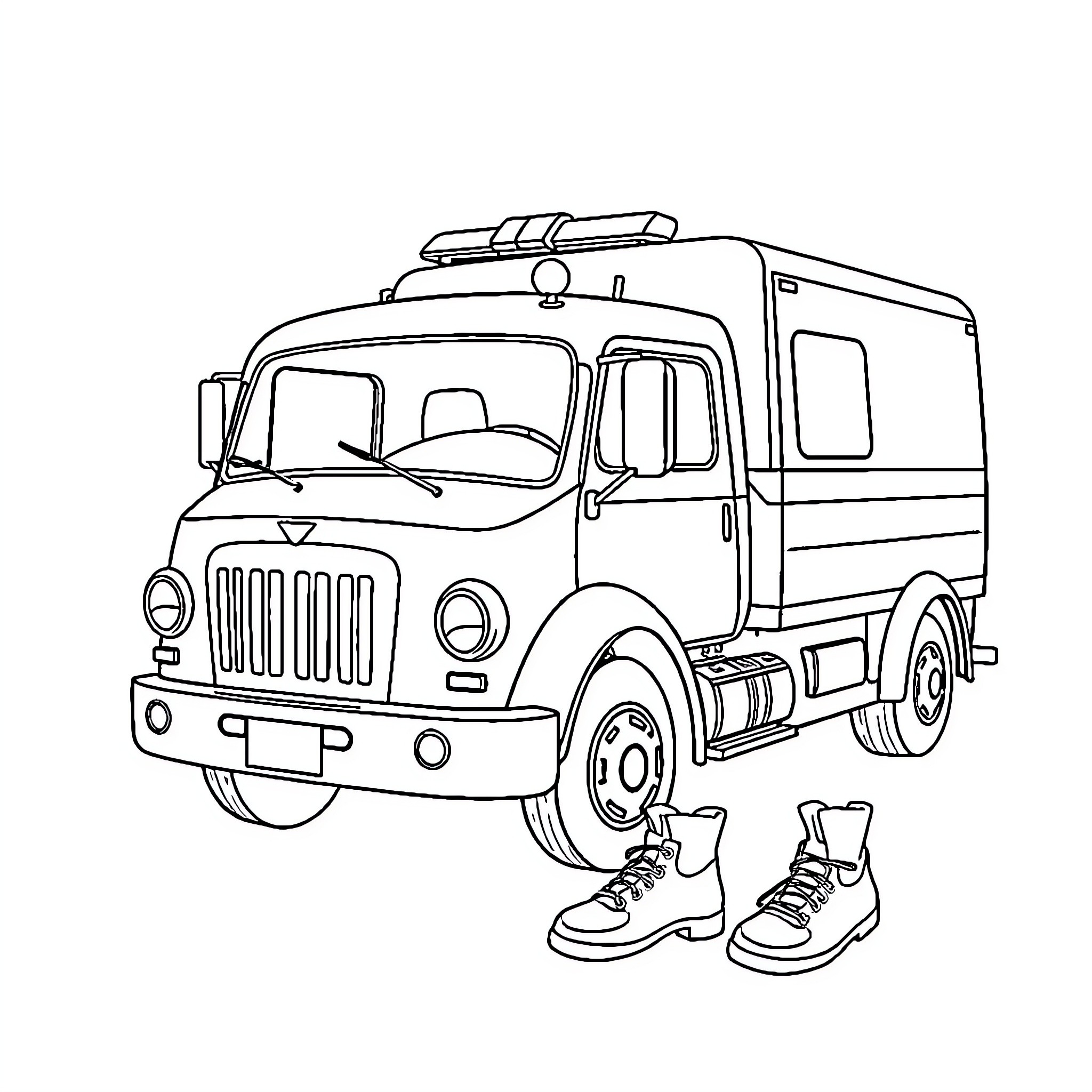 Fire Truck Transporting Firefighting Gear Coloring Page (free black-and-white line drawing printable PDF for all, from beginners to advanced learners, including children, teens, adults, and seniors)