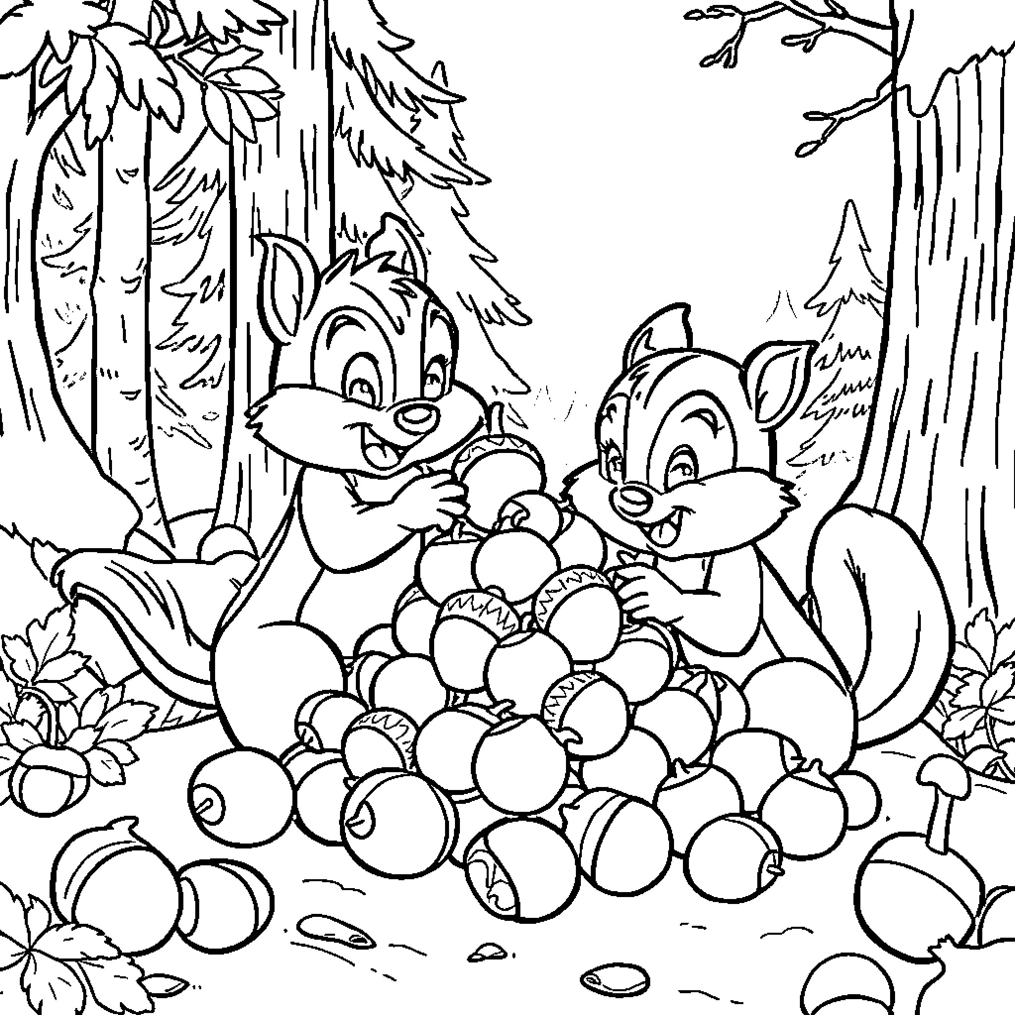 Chip and Dale in a Woodland Adventure Coloring Page (free black-and-white line drawing printable PDF for all, from beginners to advanced learners, including children, teens, adults, and seniors)