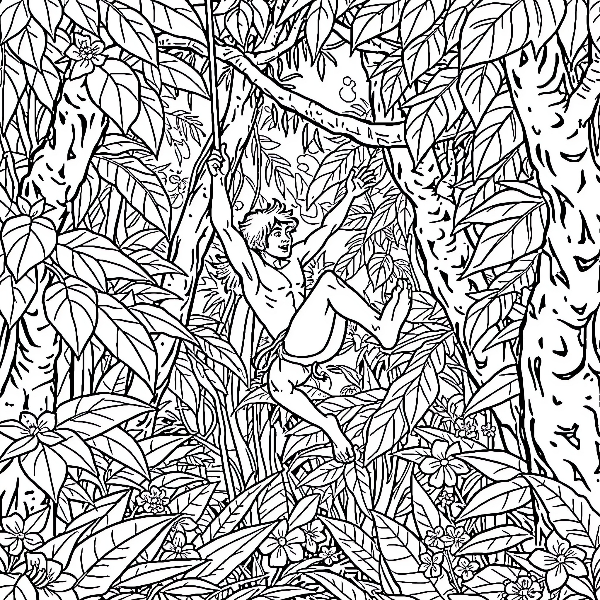 Tarzan swinging through the lush jungle Coloring Page (free black-and-white line drawing printable PDF for all, from beginners to advanced learners, including children, teens, adults, and seniors)