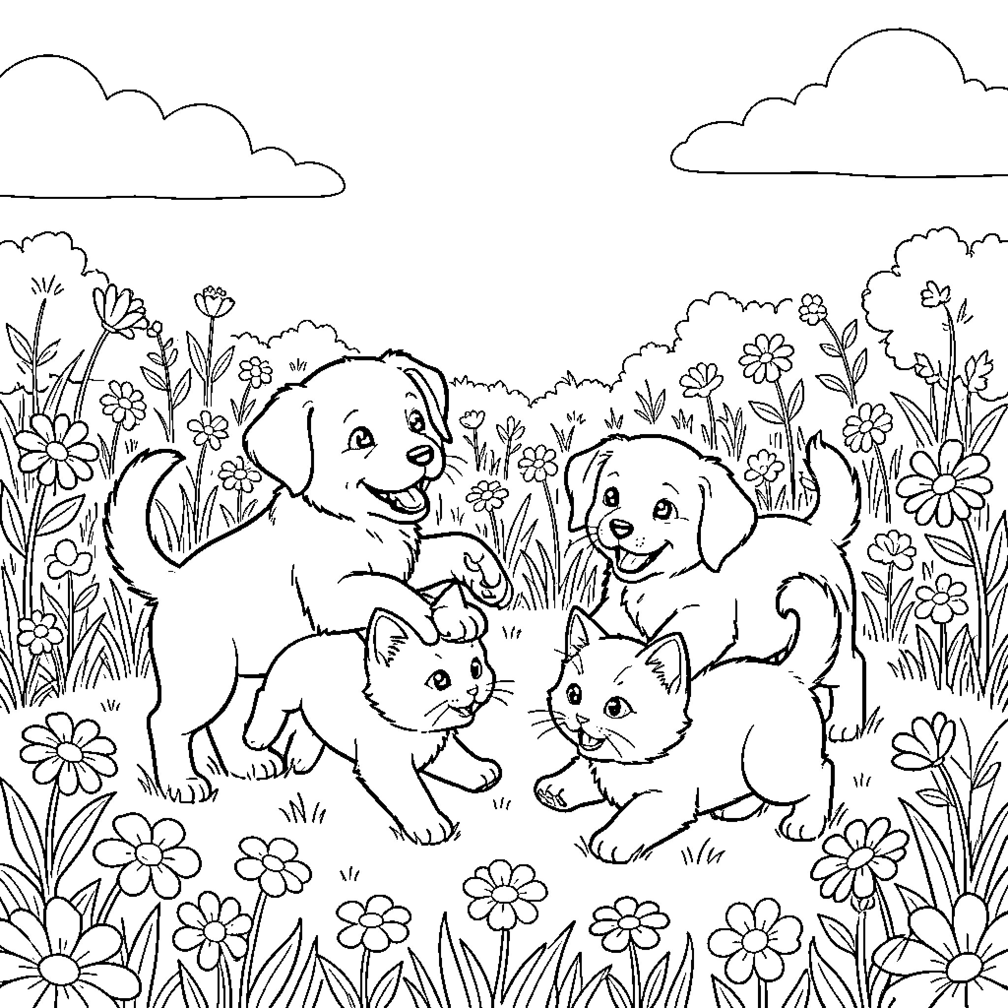Puppies and kittens playing together in a flower field Coloring Page (free black-and-white line drawing printable PDF for all, from beginners to advanced learners, including children, teens, adults, and seniors)