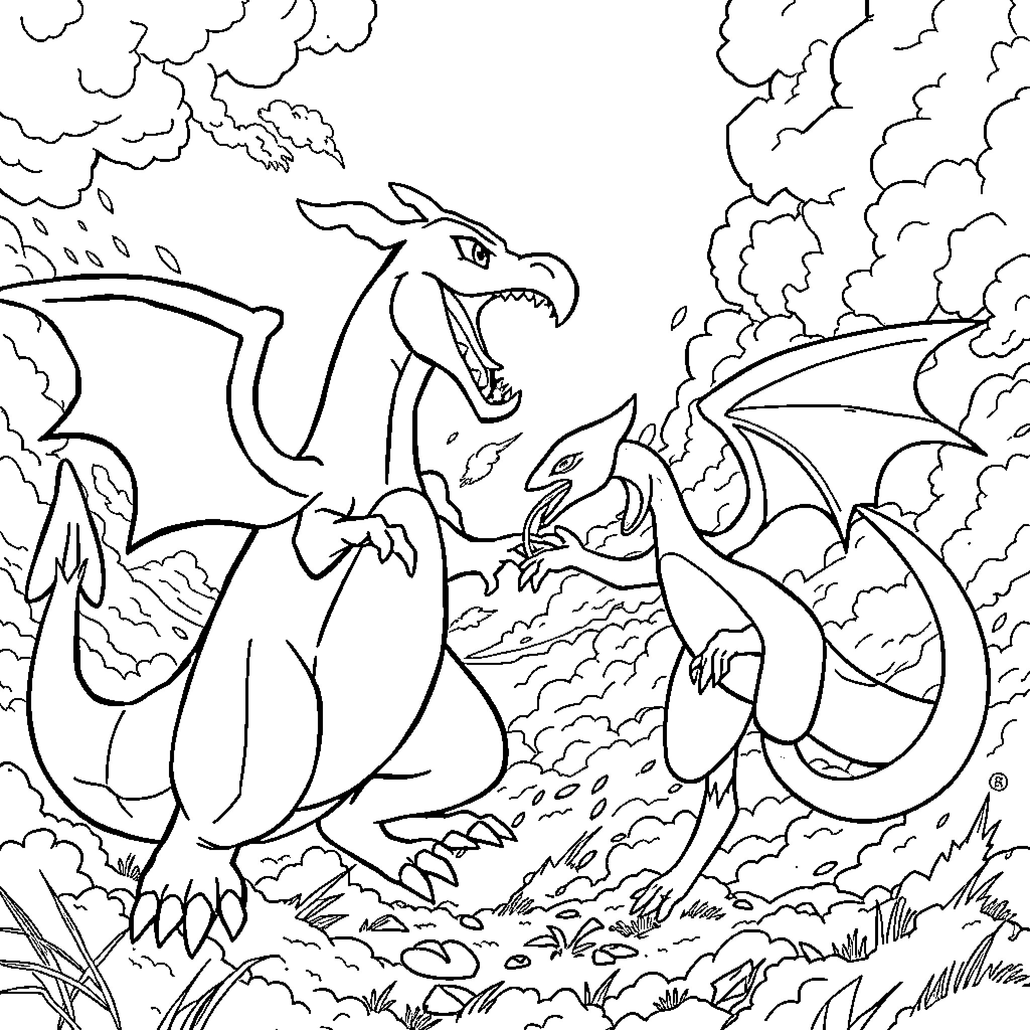 Charizard and Dragonite battling in the cloudy skies Coloring Page (free black-and-white line drawing printable PDF for all, from beginners to advanced learners, including children, teens, adults, and seniors)