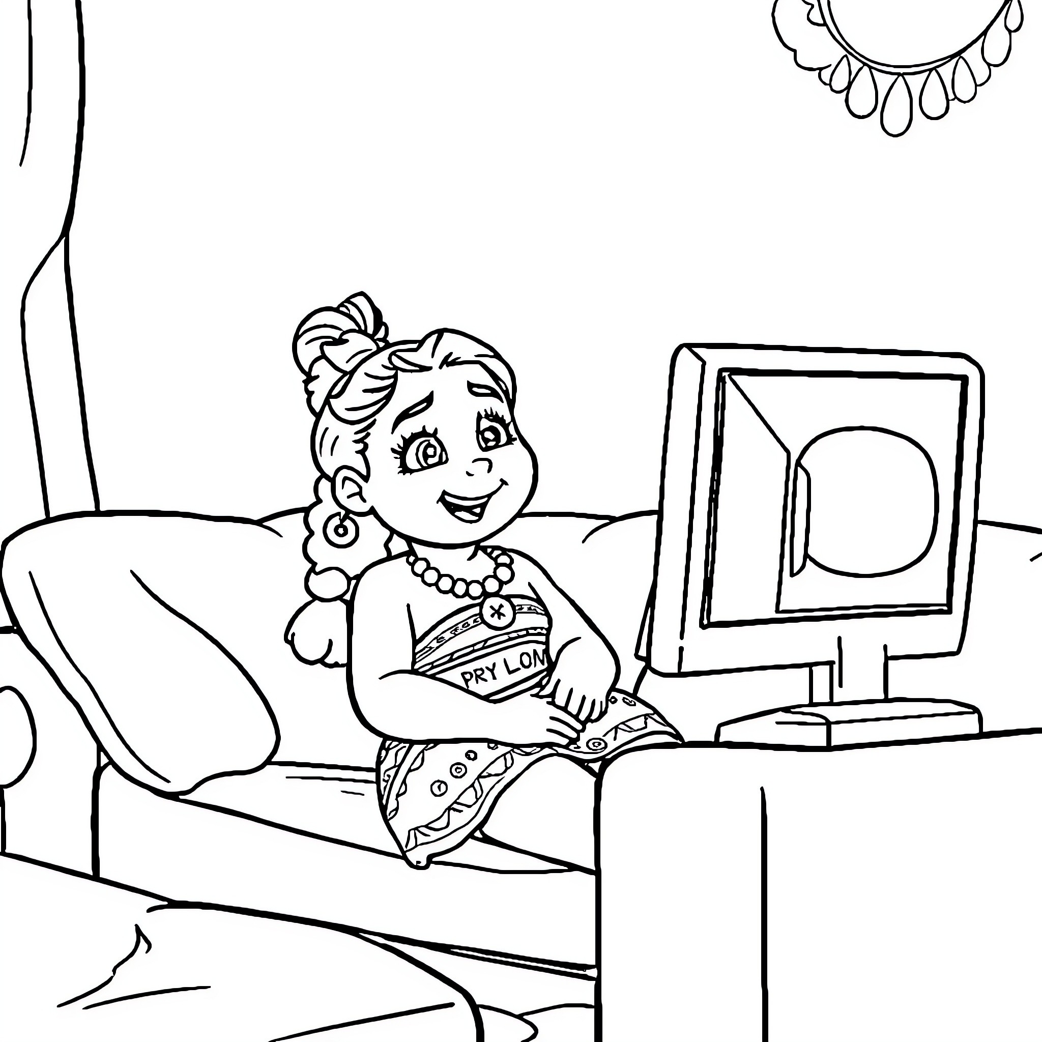 Moana playing video game happily in her room Coloring Page (free black-and-white line drawing printable PDF for all, from beginners to advanced learners, including children, teens, adults, and seniors)