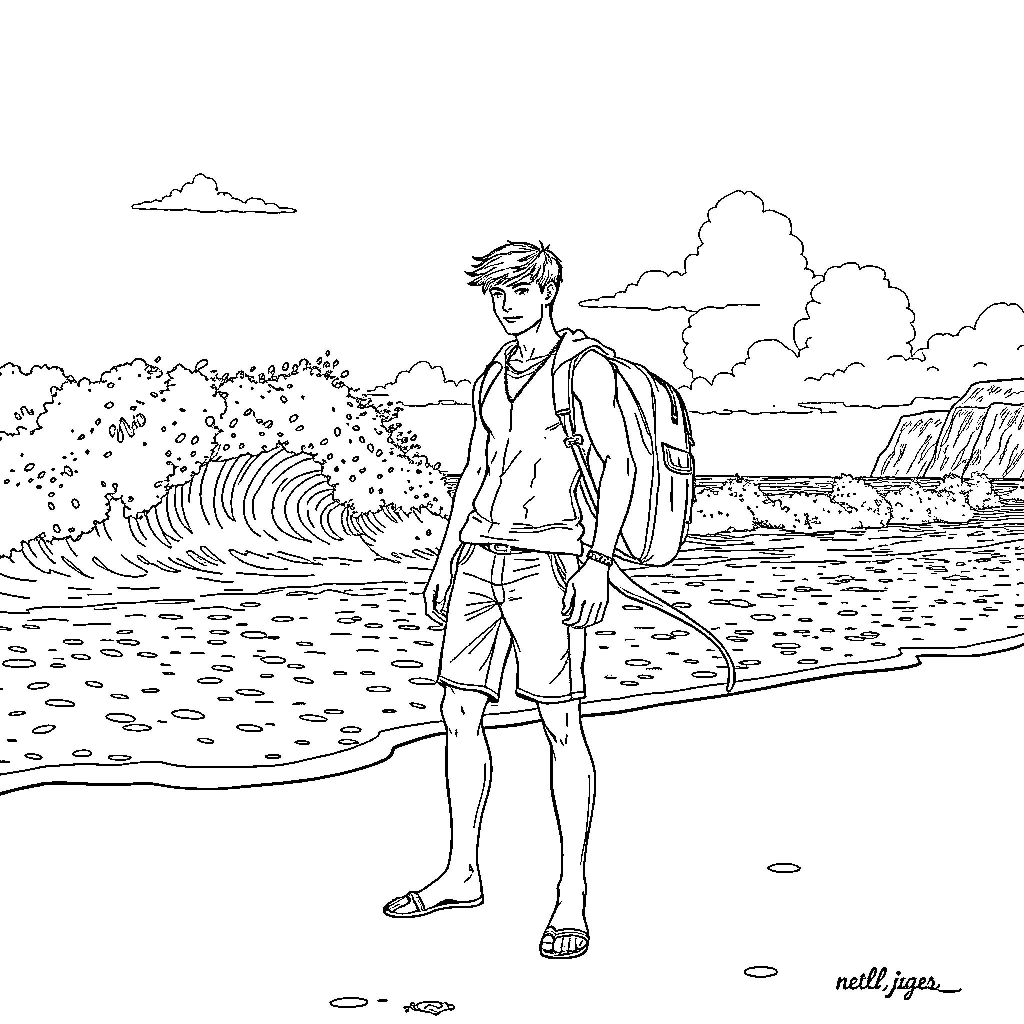 Eren Jaeger exploring the coastal landscape Coloring Page (free black-and-white line drawing printable PDF for all, from beginners to advanced learners, including children, teens, adults, and seniors)