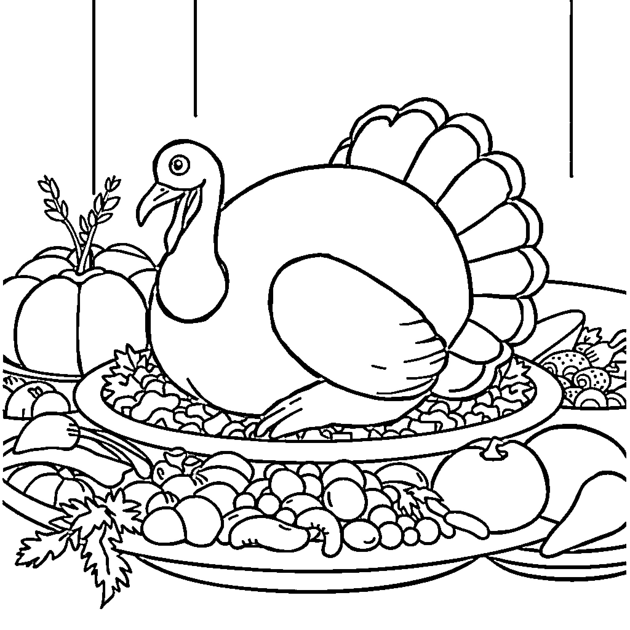 Turkey perched on a festive platter with produce Coloring Page (free black-and-white line drawing printable PDF for all, from beginners to advanced learners, including children, teens, adults, and seniors)