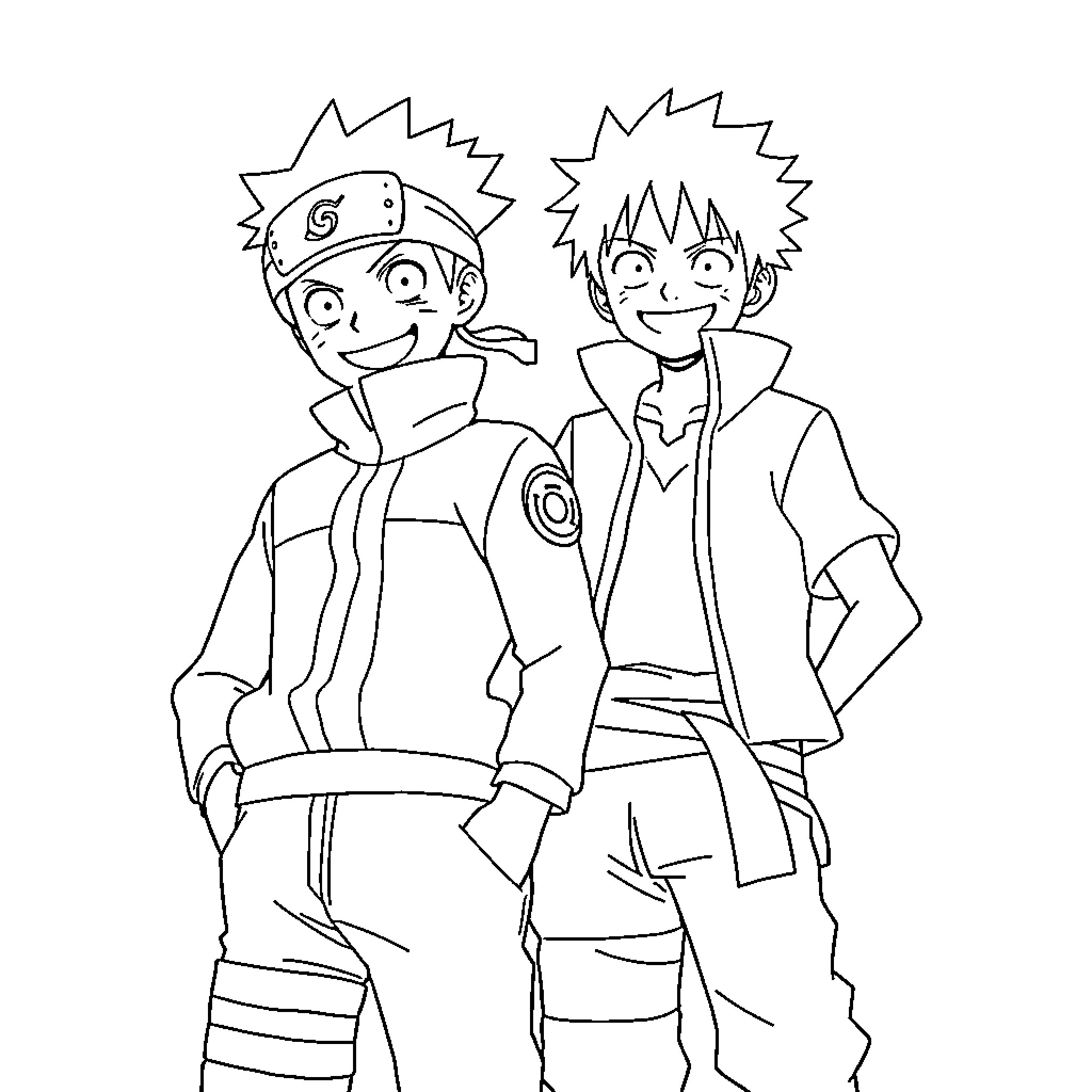 Naruto and Uzumaki Naruto Anime Characters Coloring Page (free black-and-white line drawing printable PDF for all, from beginners to advanced learners, including children, teens, adults, and seniors)