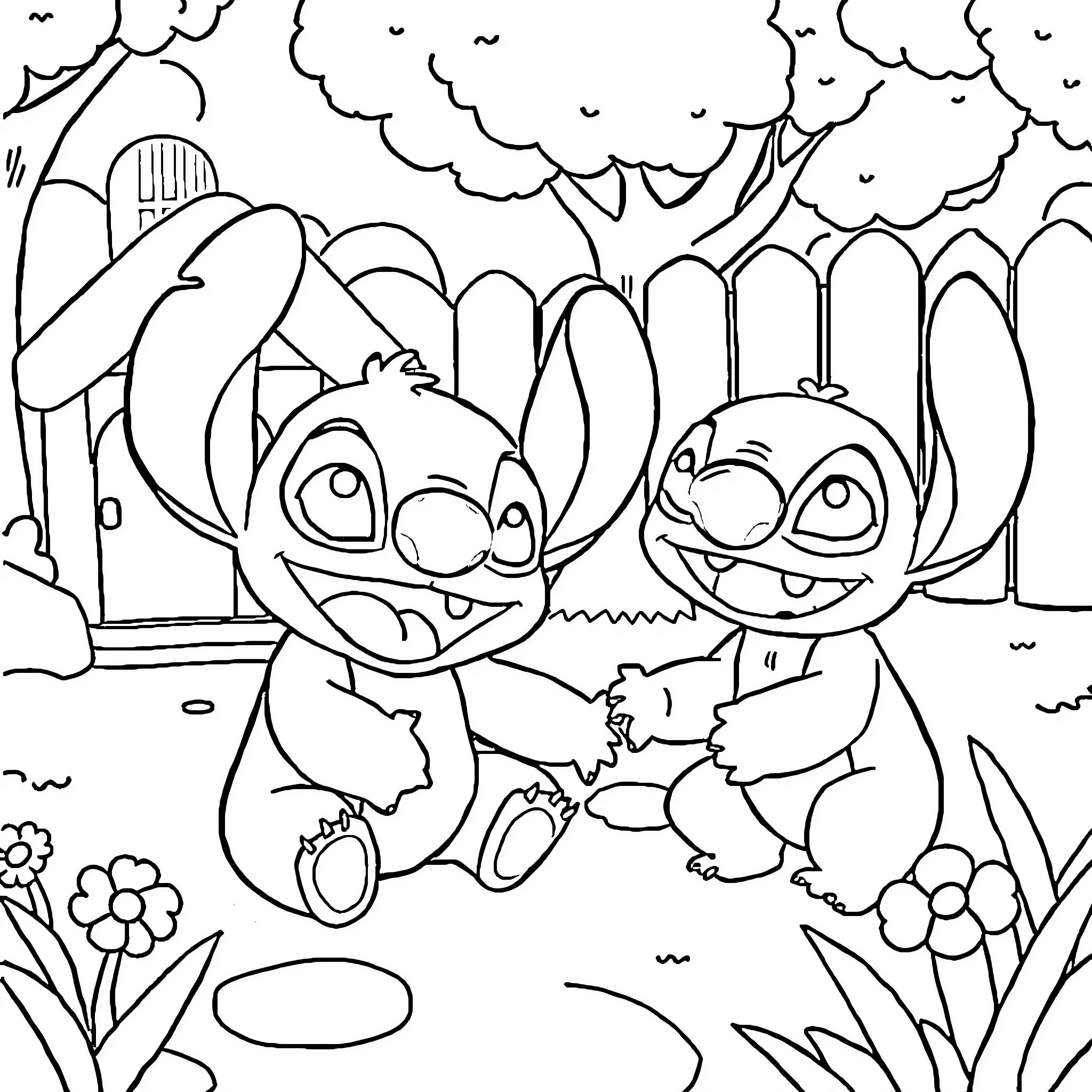 Bluey and Bingo playing in the garden Coloring Page (free black-and-white line drawing printable PDF for all, from beginners to advanced learners, including children, teens, adults, and seniors)