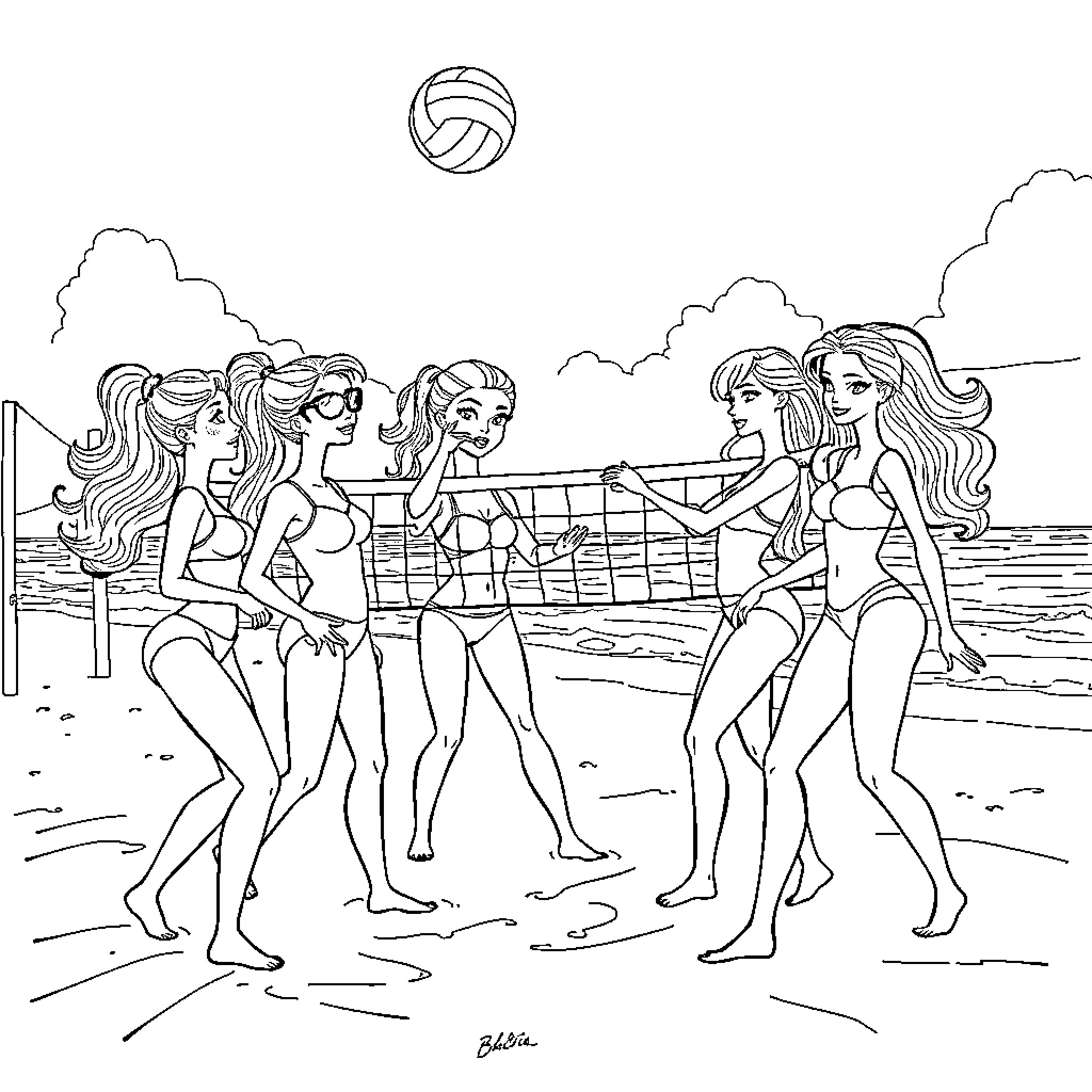 Brats playing beach volleyball in swimsuits Coloring Page (free black-and-white line drawing printable PDF for all, from beginners to advanced learners, including children, teens, adults, and seniors)