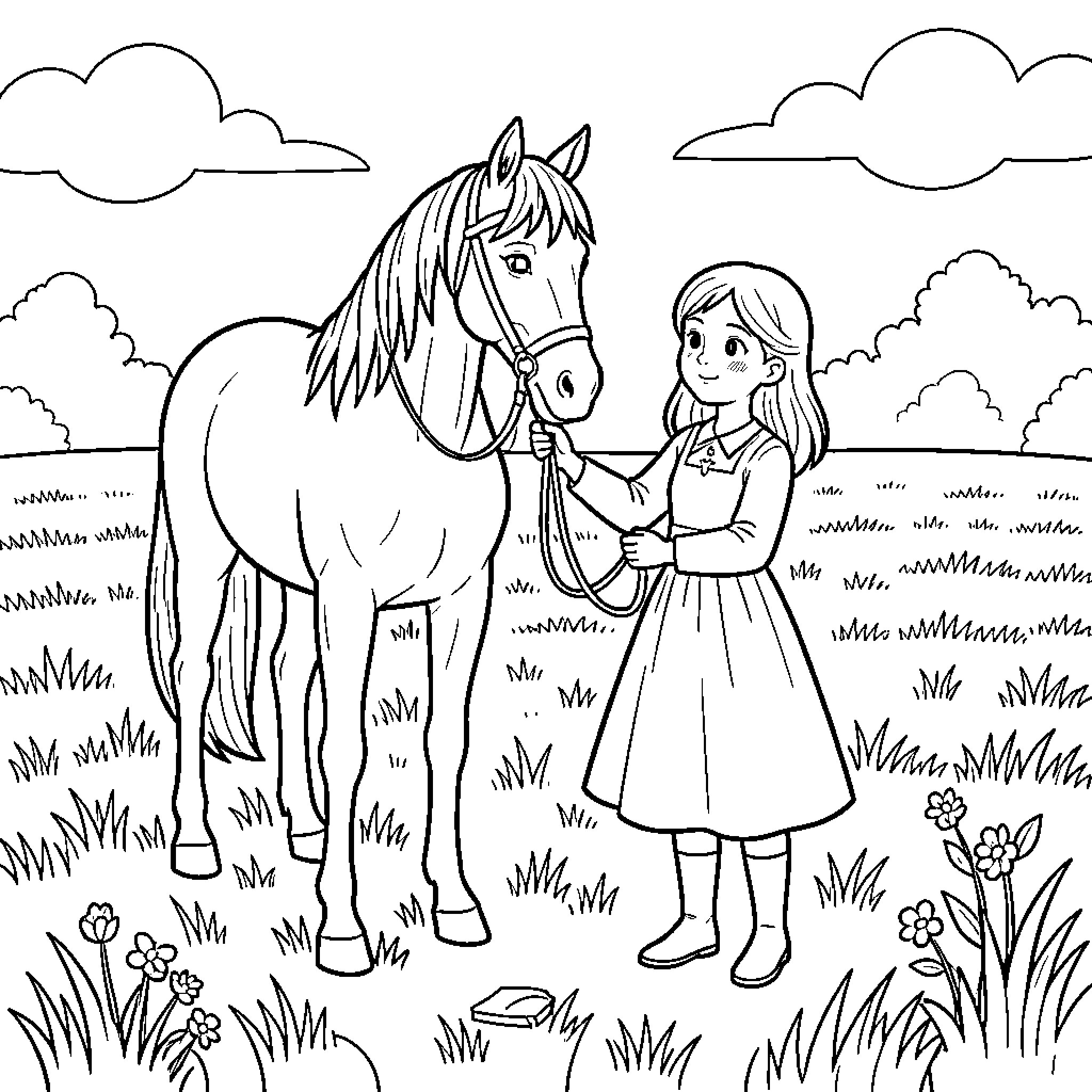 Horse standing calmly with a young girl in a field Coloring Page (free black-and-white line drawing printable PDF for all, from beginners to advanced learners, including children, teens, adults, and seniors)