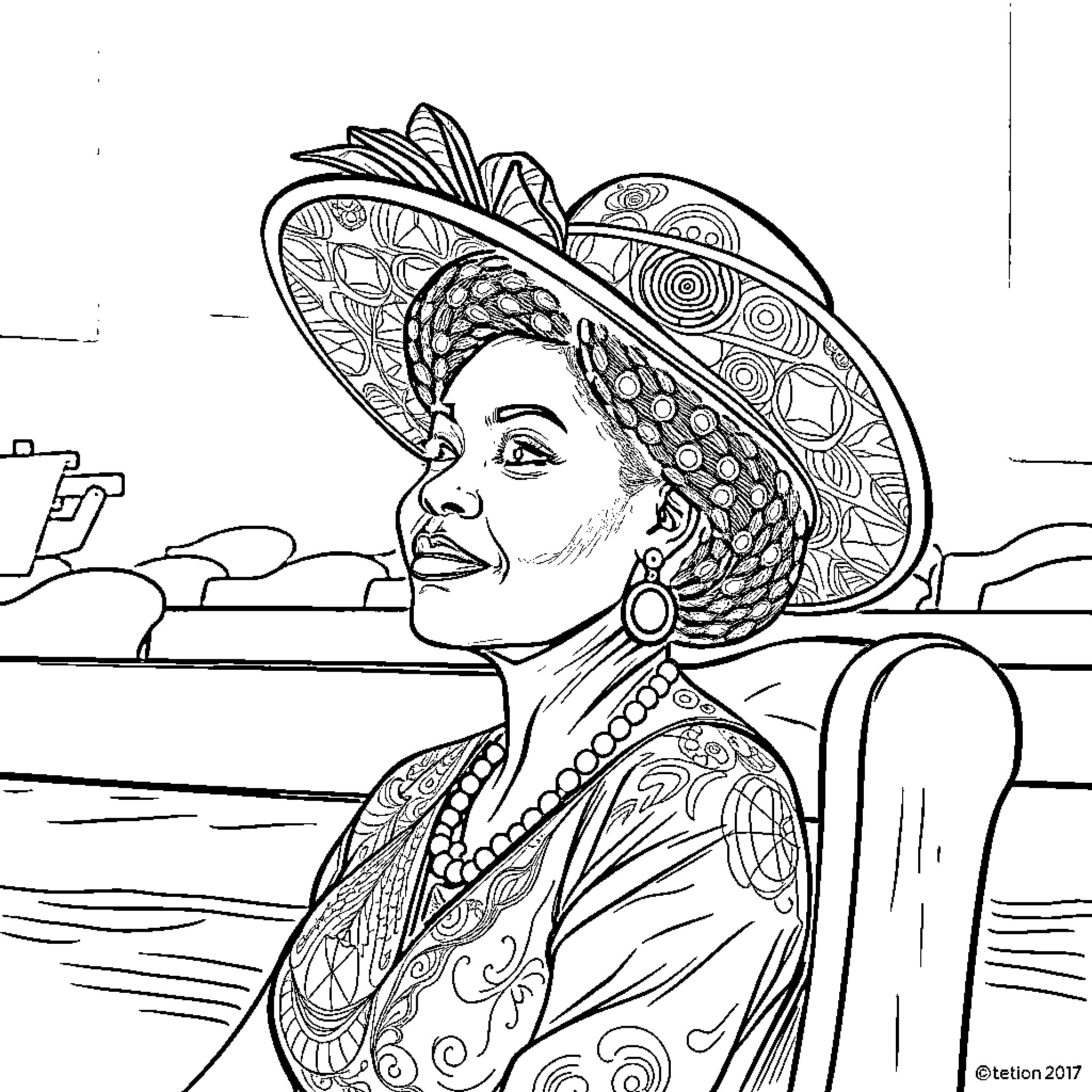Woman in Ornate Headpiece Overlooking Scenic View Coloring Page (free black-and-white line drawing printable PDF for all, from beginners to advanced learners, including children, teens, adults, and seniors)