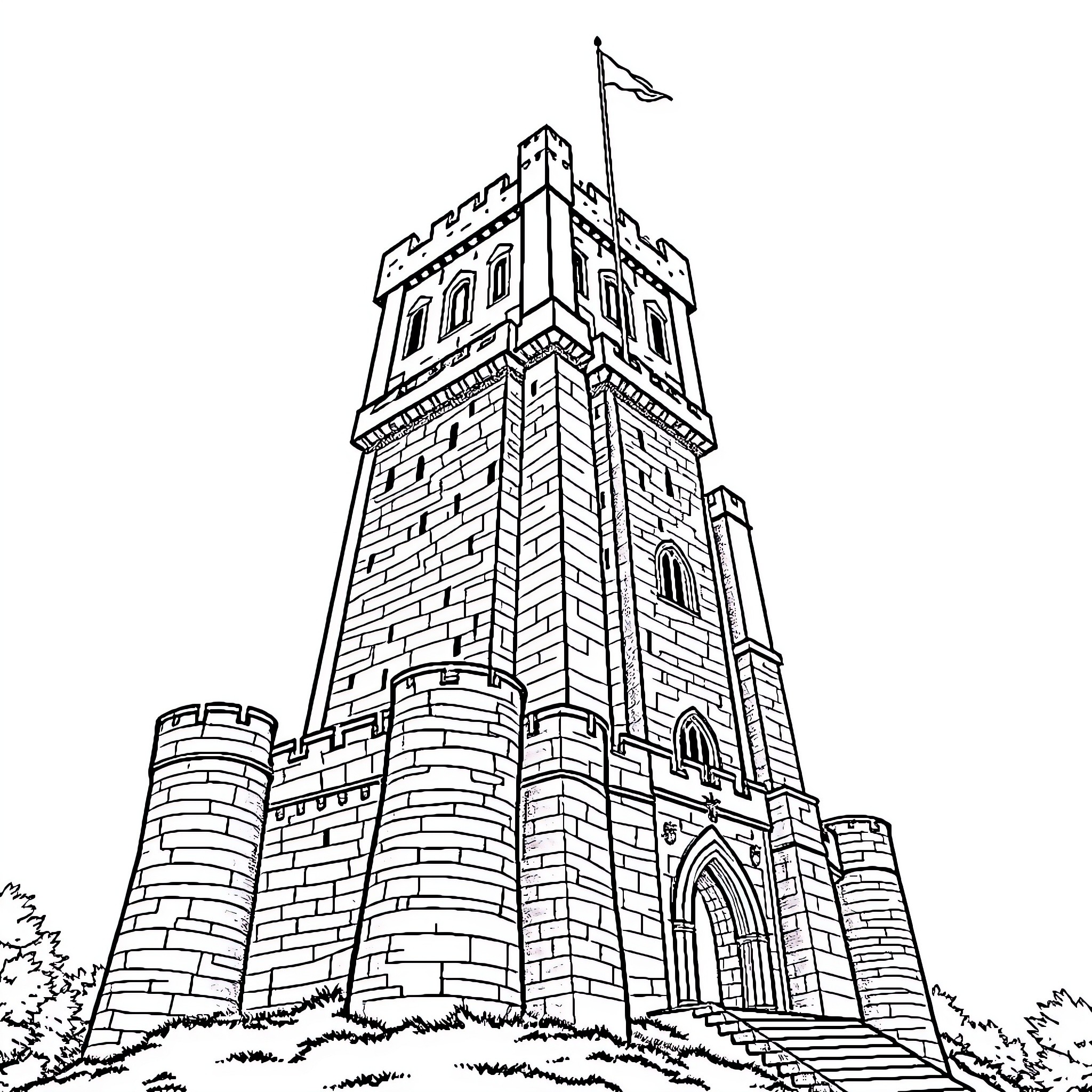 Castle with Tall Tower and Defensive Walls Coloring Page (free black-and-white line drawing printable PDF for all, from beginners to advanced learners, including children, teens, adults, and seniors)