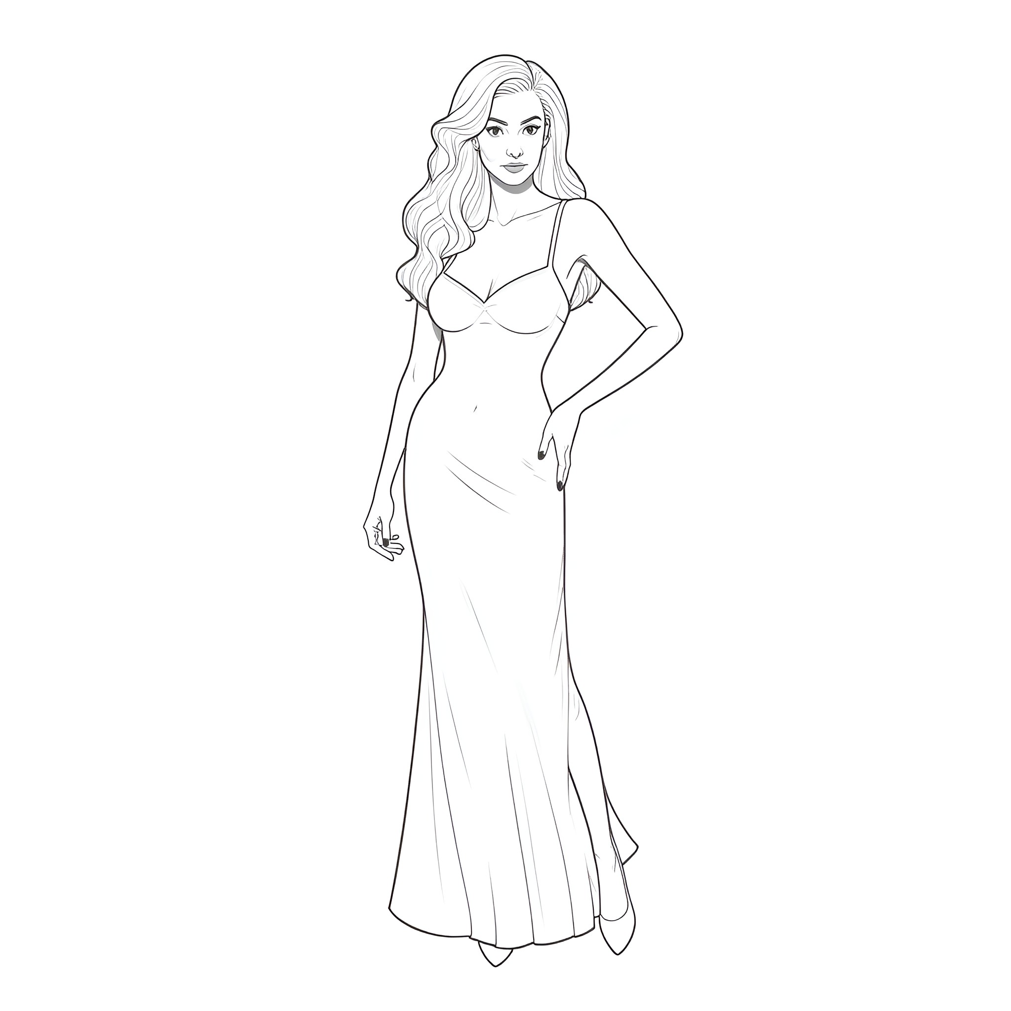 Lady in Elegant Evening Gown Coloring Page (free black-and-white line drawing printable PDF for all, from beginners to advanced learners, including children, teens, adults, and seniors)