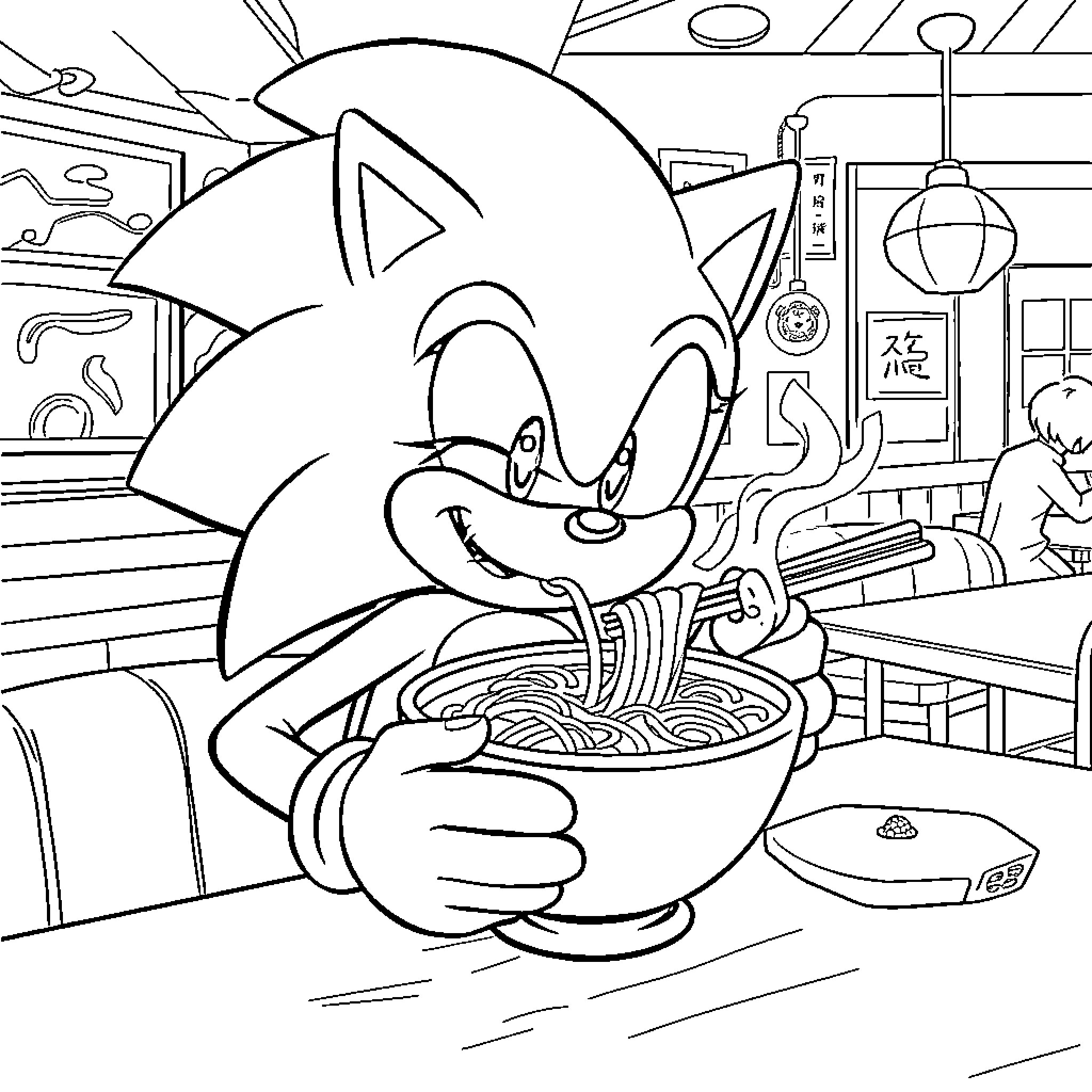 Sonic enjoying a tasty noodle meal in the diner Coloring Page (free black-and-white line drawing printable PDF for all, from beginners to advanced learners, including children, teens, adults, and seniors)