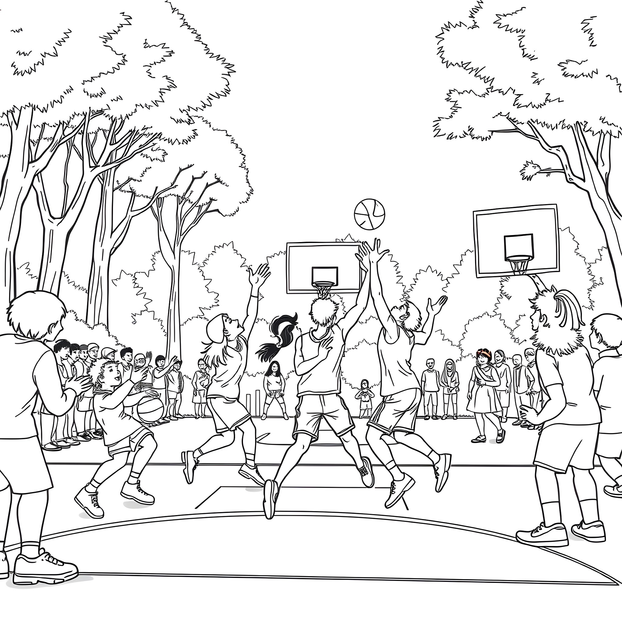 Basketball game in the park with spectators Coloring Page (free black-and-white line drawing printable PDF for all, from beginners to advanced learners, including children, teens, adults, and seniors)