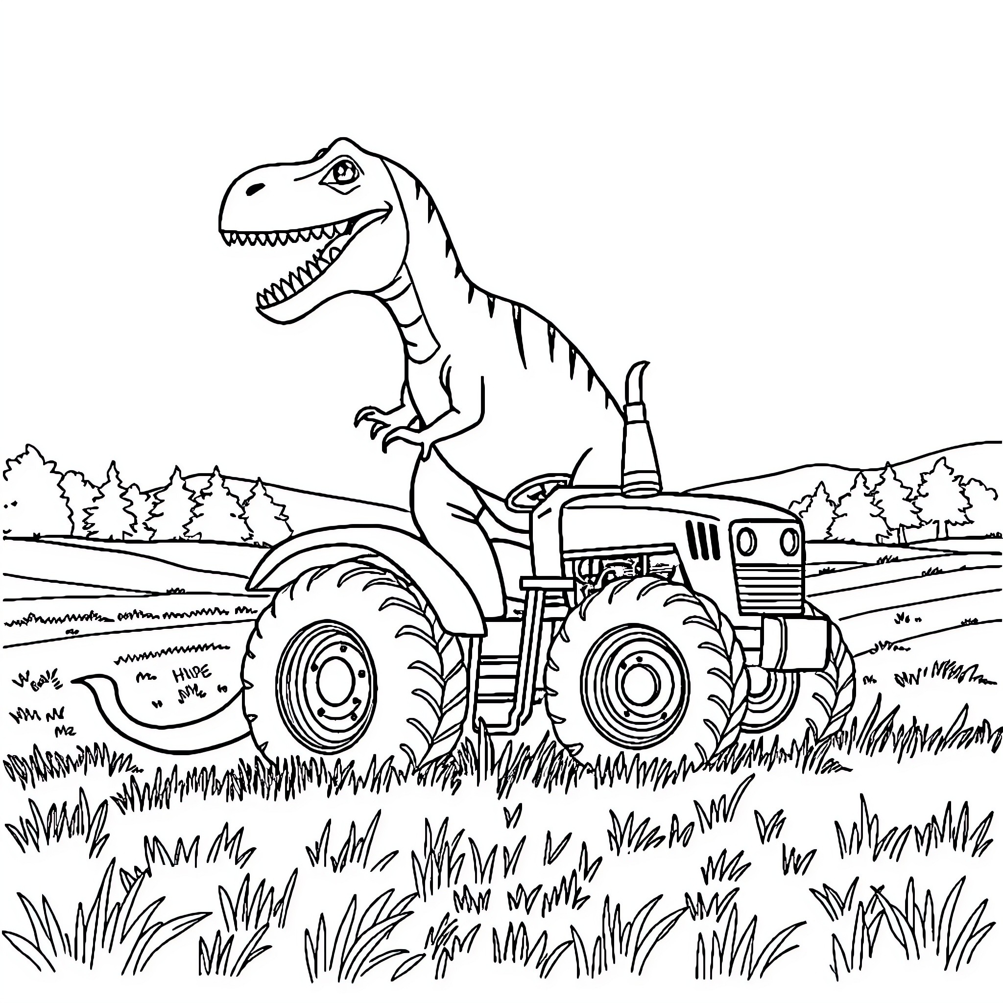 Dinosaur riding an old tractor through the countryside Coloring Page (free black-and-white line drawing printable PDF for all, from beginners to advanced learners, including children, teens, adults, and seniors)