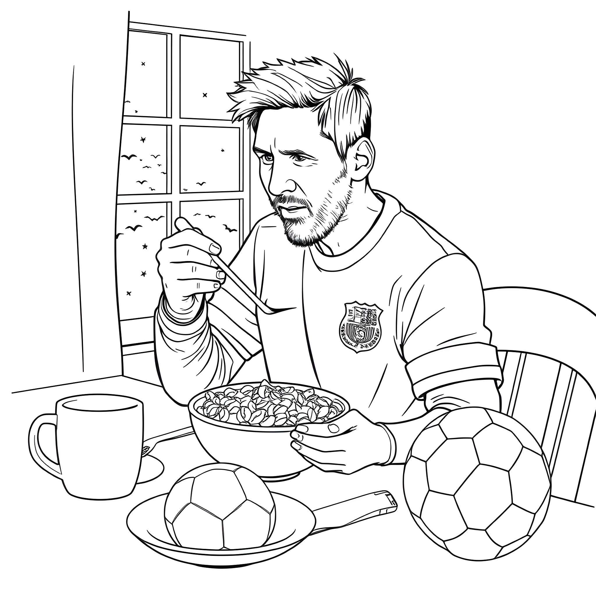Lionel Messi enjoying a meal at home Coloring Page (free black-and-white line drawing printable PDF for all, from beginners to advanced learners, including children, teens, adults, and seniors)