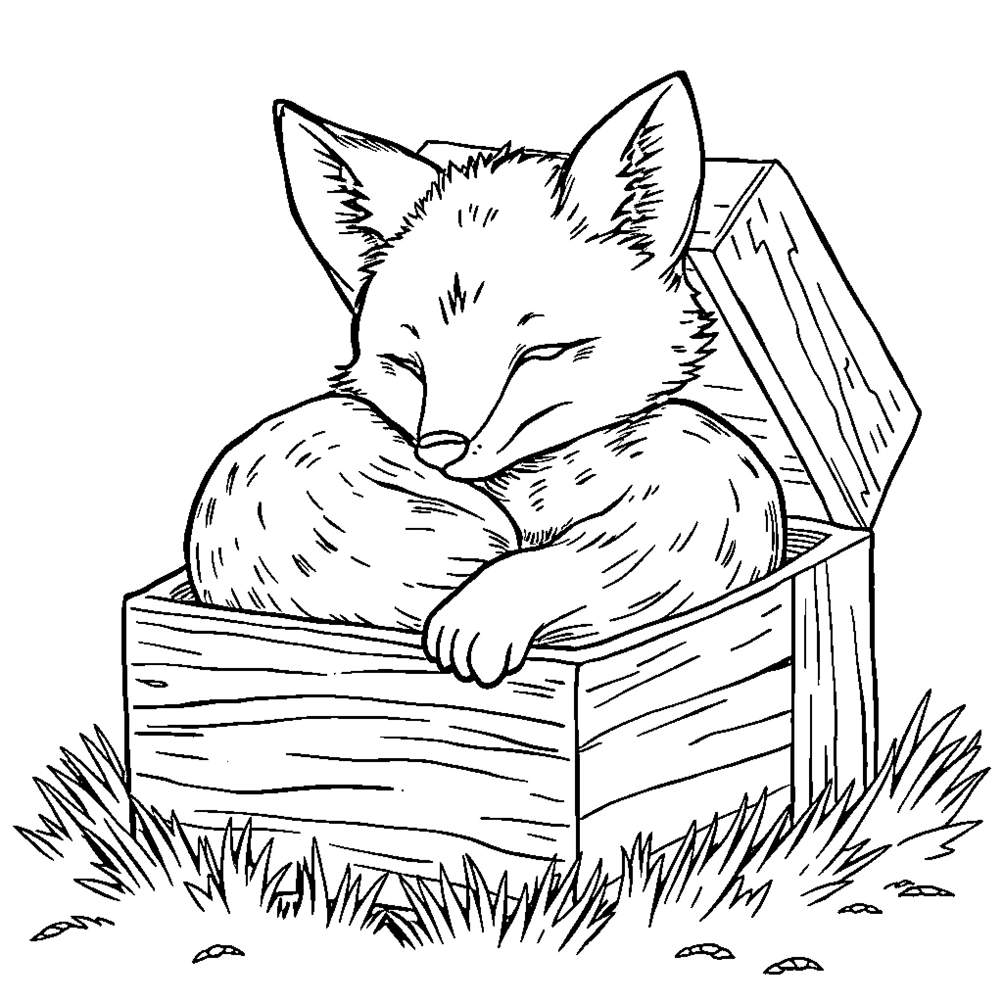 Fox napping peacefully in wooden crate Coloring Page (free black-and-white line drawing printable PDF for all, from beginners to advanced learners, including children, teens, adults, and seniors)