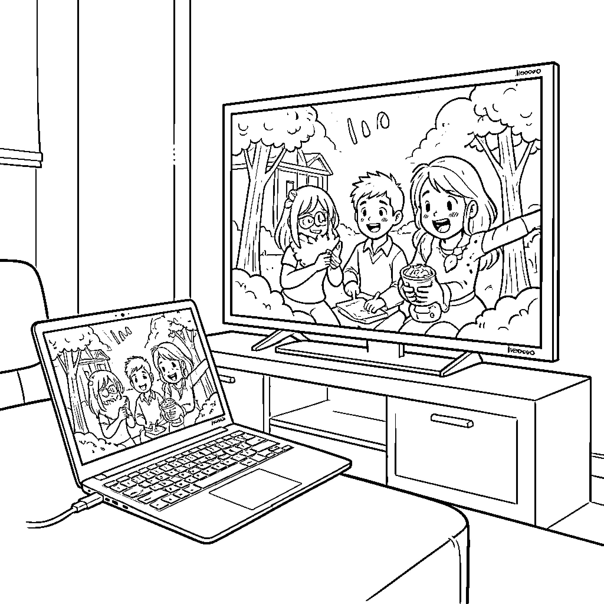 Laptop showing friends enjoying outdoor scene Coloring Page (free black-and-white line drawing printable PDF for all, from beginners to advanced learners, including children, teens, adults, and seniors)