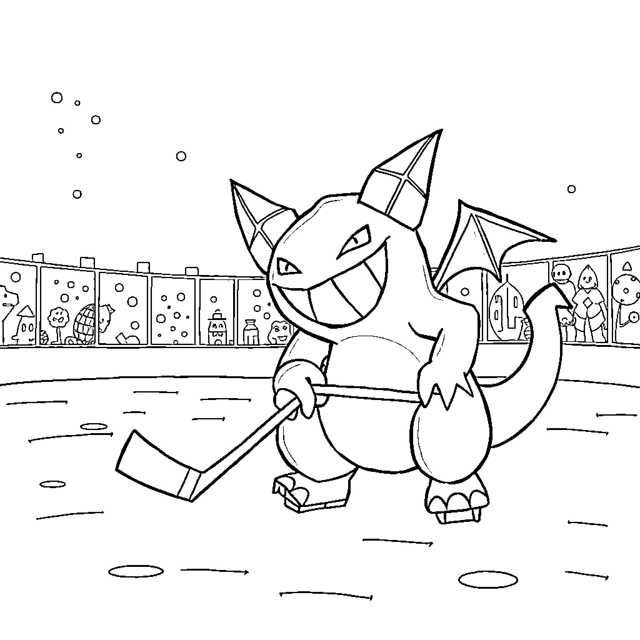 Gengar grinning mischievously in a fantastical setting Coloring Page (free black-and-white line drawing printable PDF for all, from beginners to advanced learners, including children, teens, adults, and seniors)