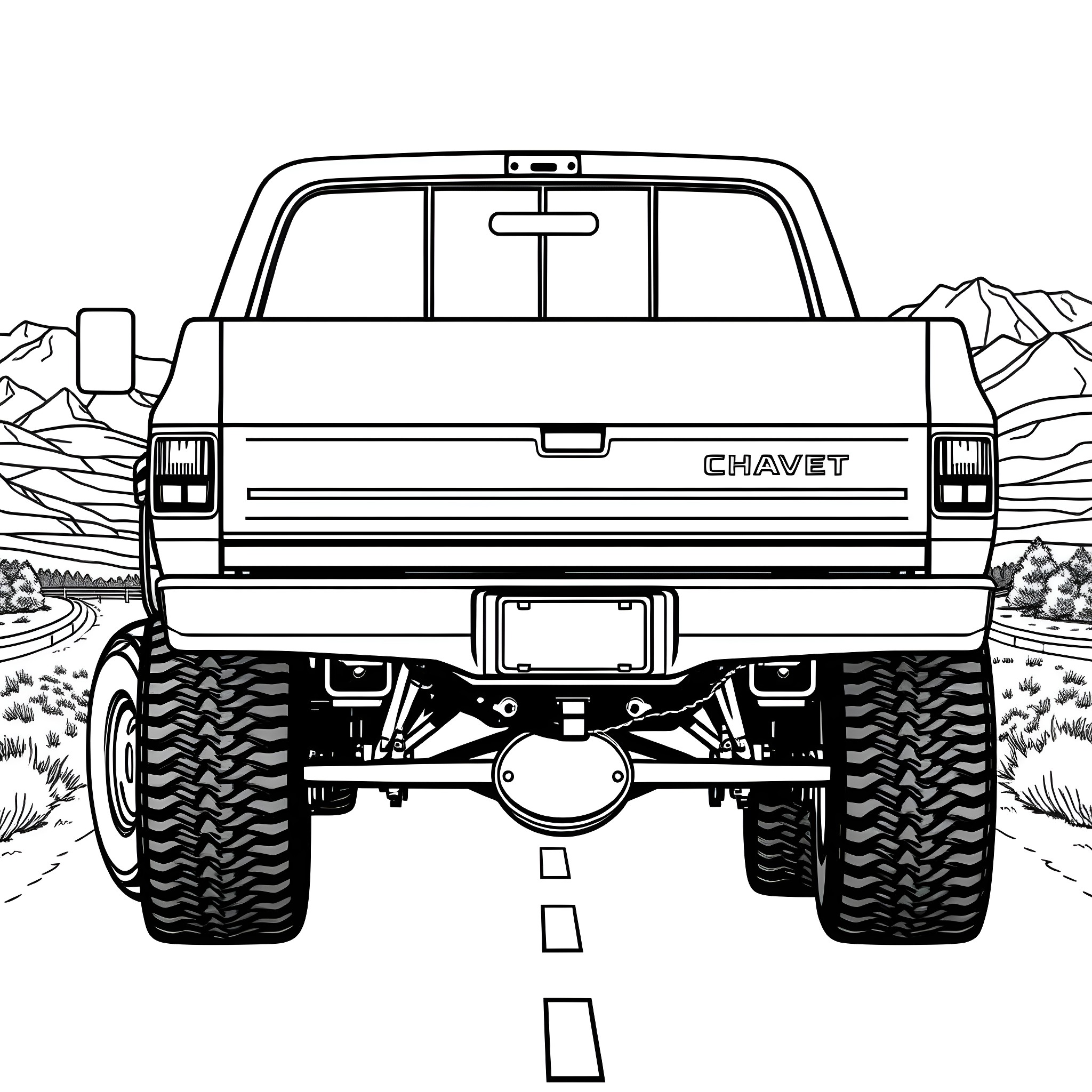 Chevy truck driving on rugged mountain road Coloring Page (free black-and-white line drawing printable PDF for all, from beginners to advanced learners, including children, teens, adults, and seniors)