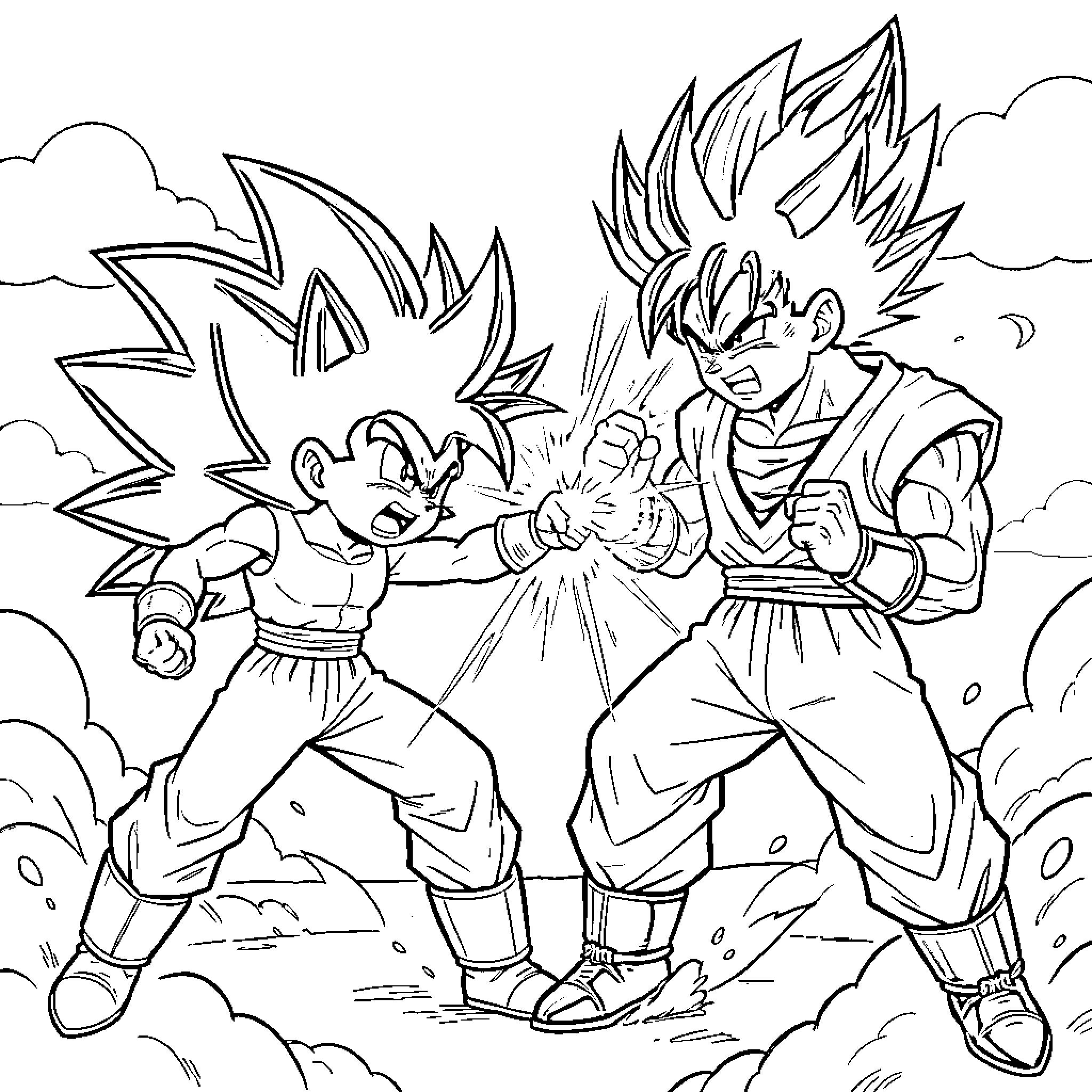 Shadow Clash of the Saiyans Coloring Page (free black-and-white line drawing printable PDF for all, from beginners to advanced learners, including children, teens, adults, and seniors)