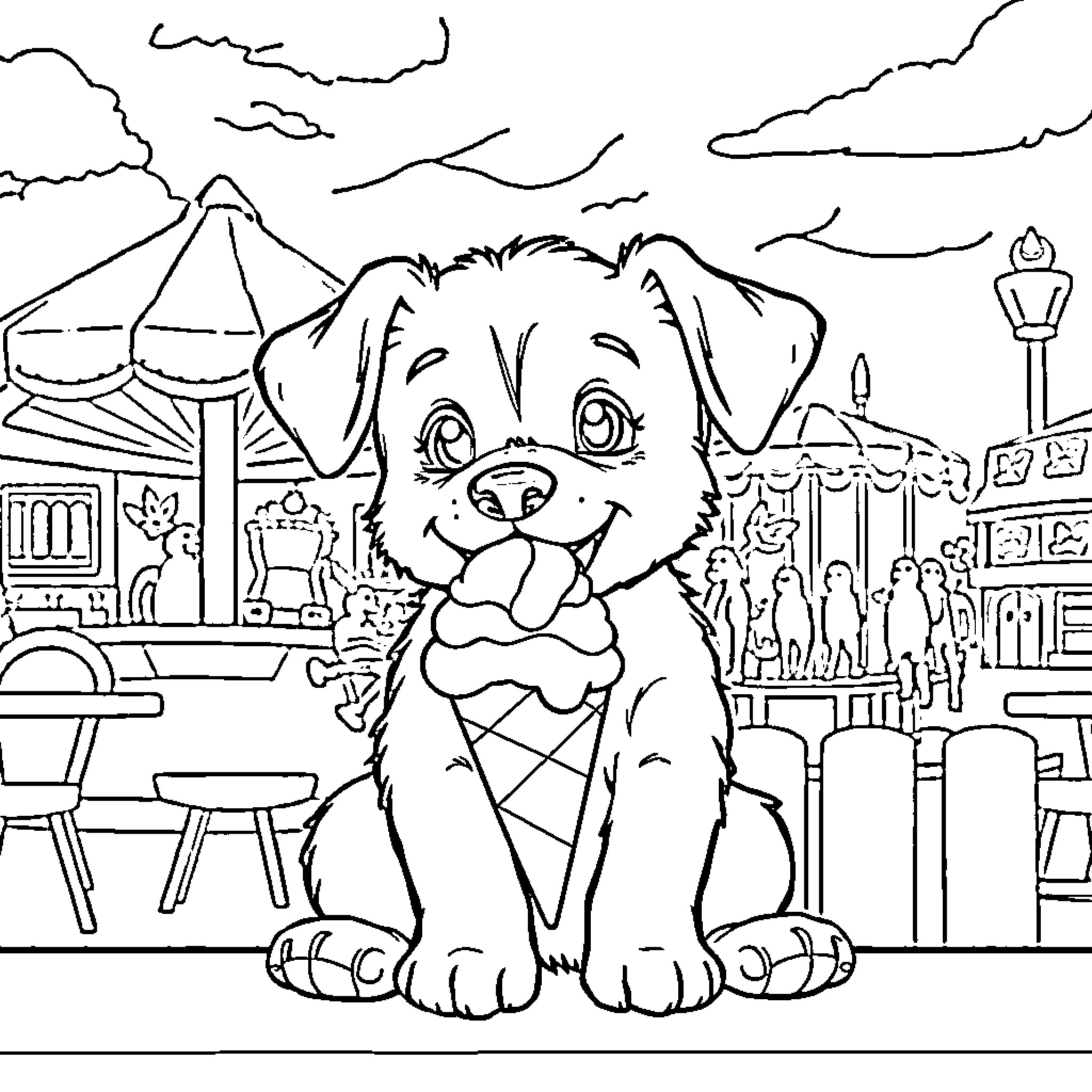 Puppy enjoying the fun of the carnival Coloring Page (free black-and-white line drawing printable PDF for all, from beginners to advanced learners, including children, teens, adults, and seniors)