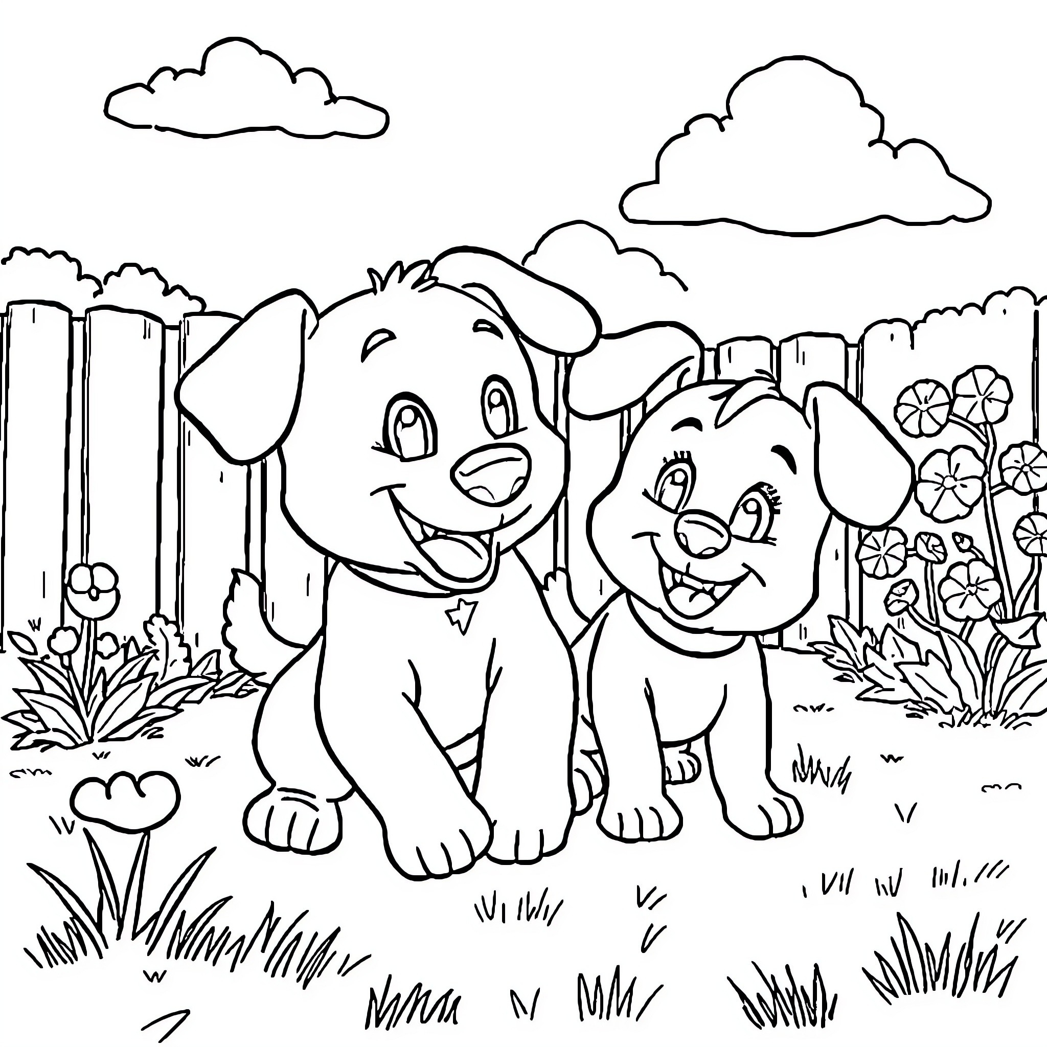 Bluey and Bingo playing in the meadow Coloring Page (free black-and-white line drawing printable PDF for all, from beginners to advanced learners, including children, teens, adults, and seniors)